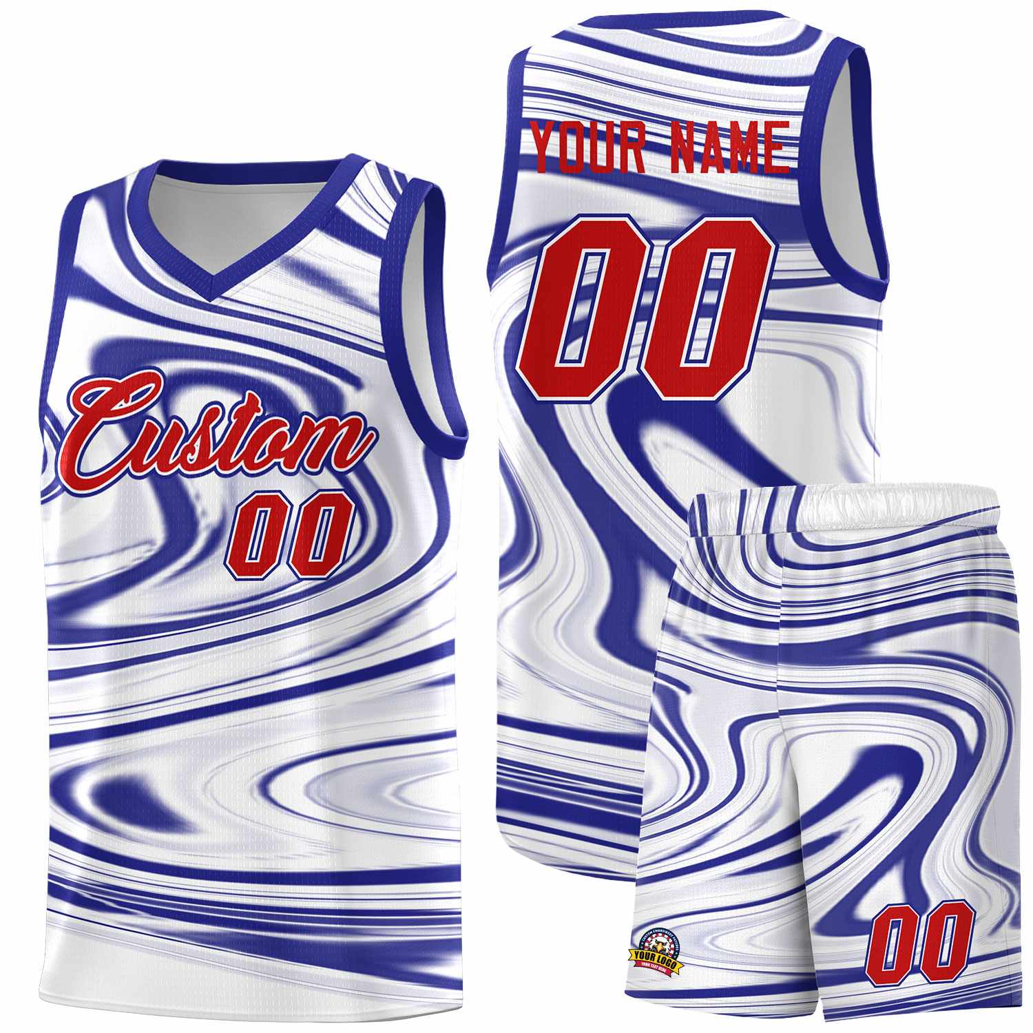 Custom White Royal Graffiti Pattern Fluids Style Sports Uniform Basketball Jersey Sets