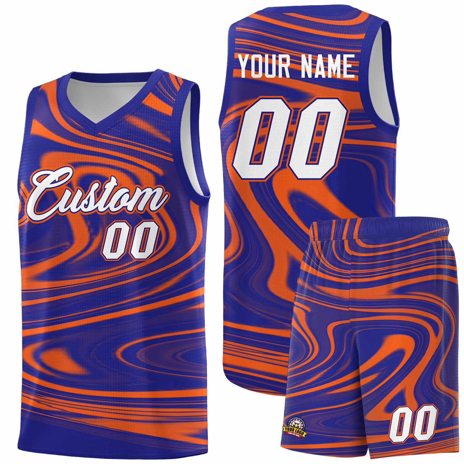 Custom Royal Orange Graffiti Pattern Fluids Style Sports Uniform Basketball Jersey Sets