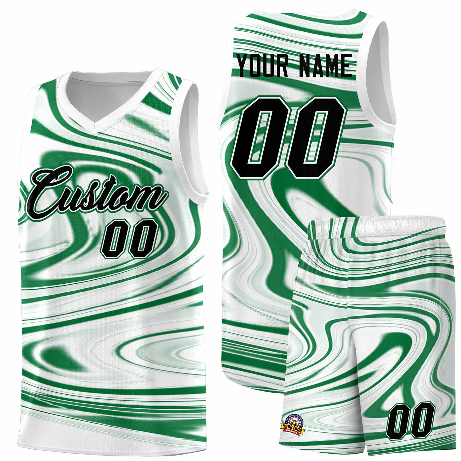 Custom White Kelly Green Graffiti Pattern Fluids Style Sports Uniform Basketball Jersey Sets
