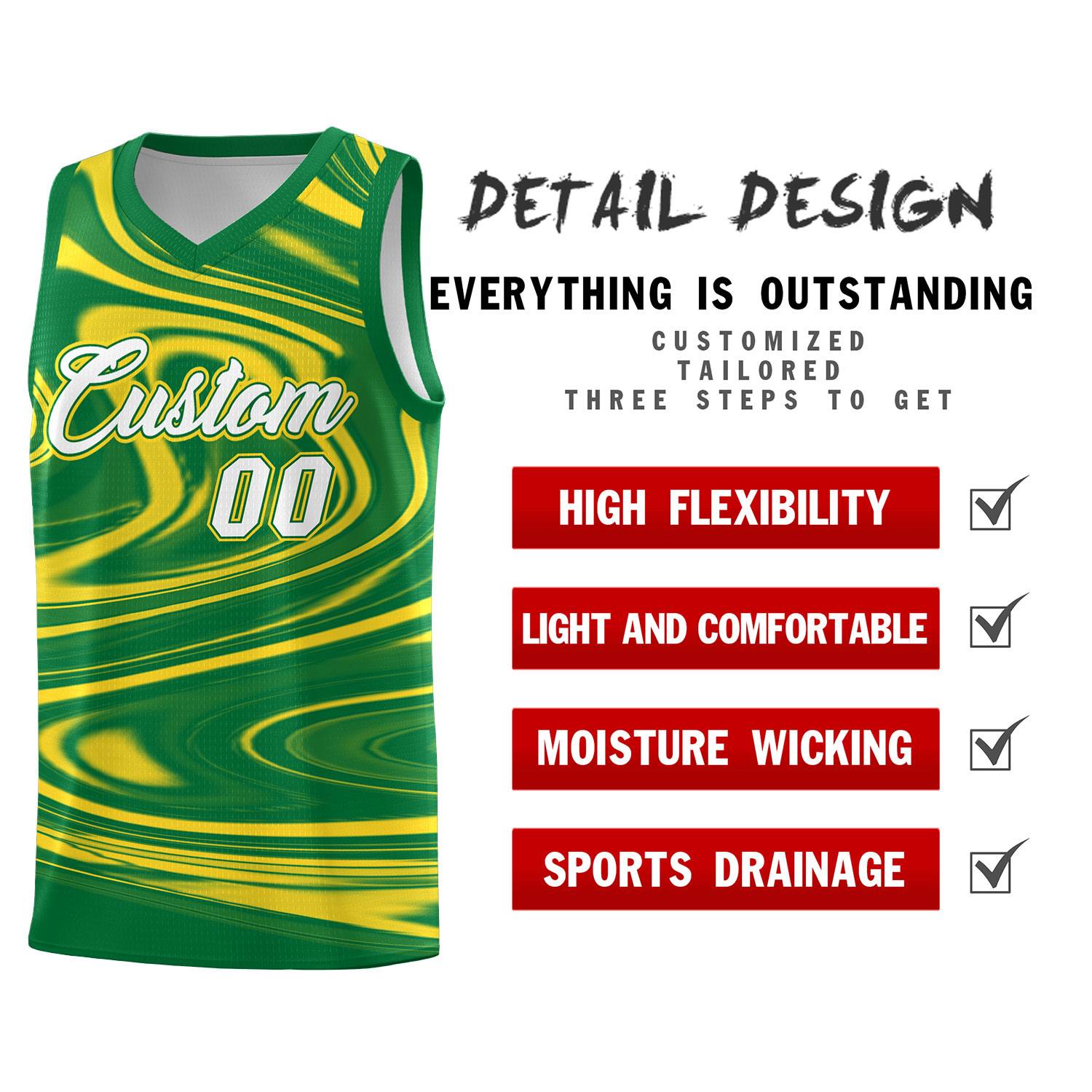 Custom Kelly Green Gold Graffiti Pattern Fluids Style Sports Uniform Basketball Jersey Sets