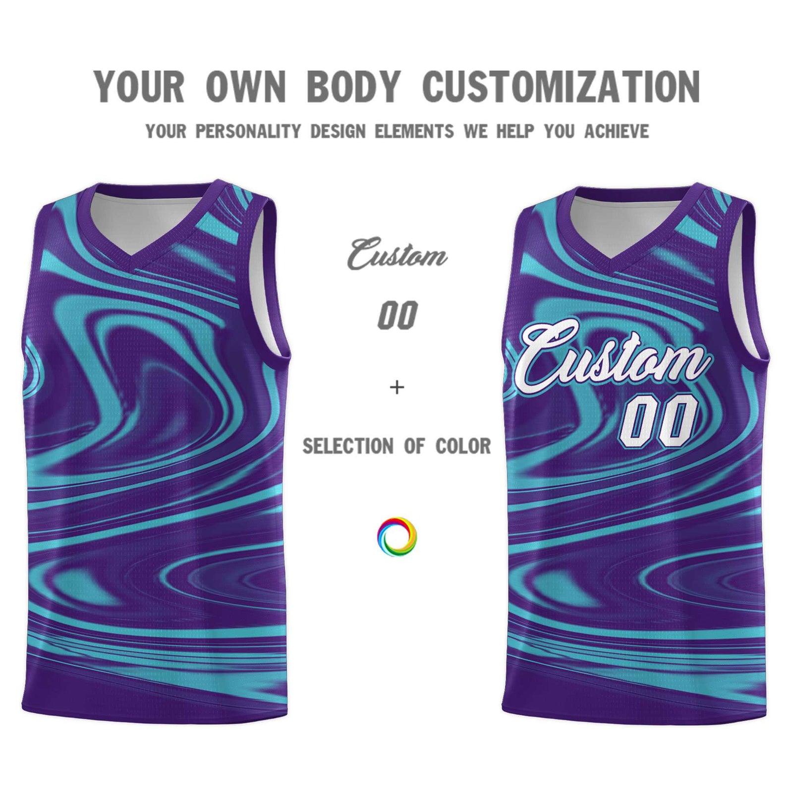 Custom Purple Aqua Graffiti Pattern Fluids Style Sports Uniform Basketball Jersey Sets