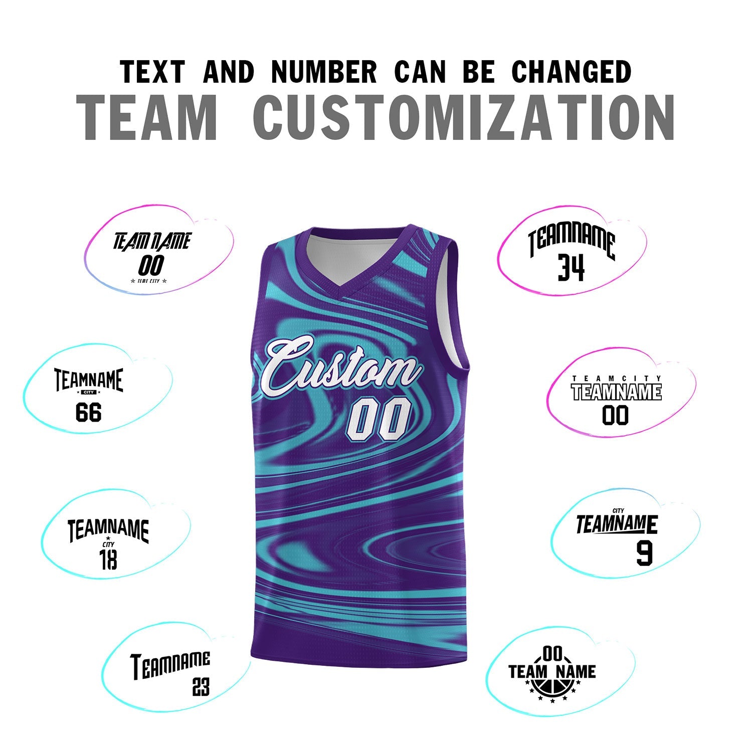 Custom Purple Aqua Graffiti Pattern Fluids Style Sports Uniform Basketball Jersey Sets