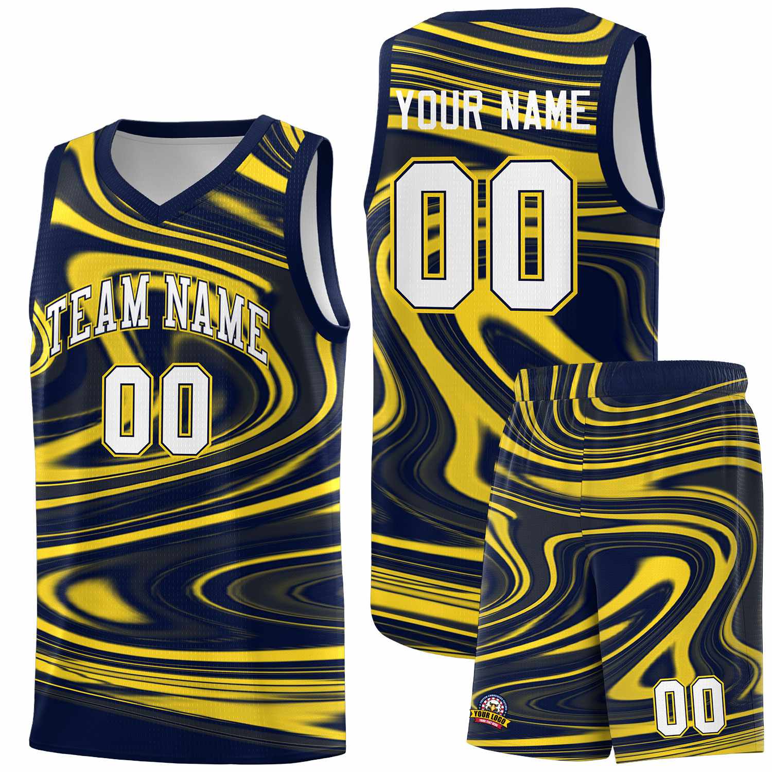 Custom Navy Gold Graffiti Pattern Fluids Style Sports Uniform Basketball Jersey Sets