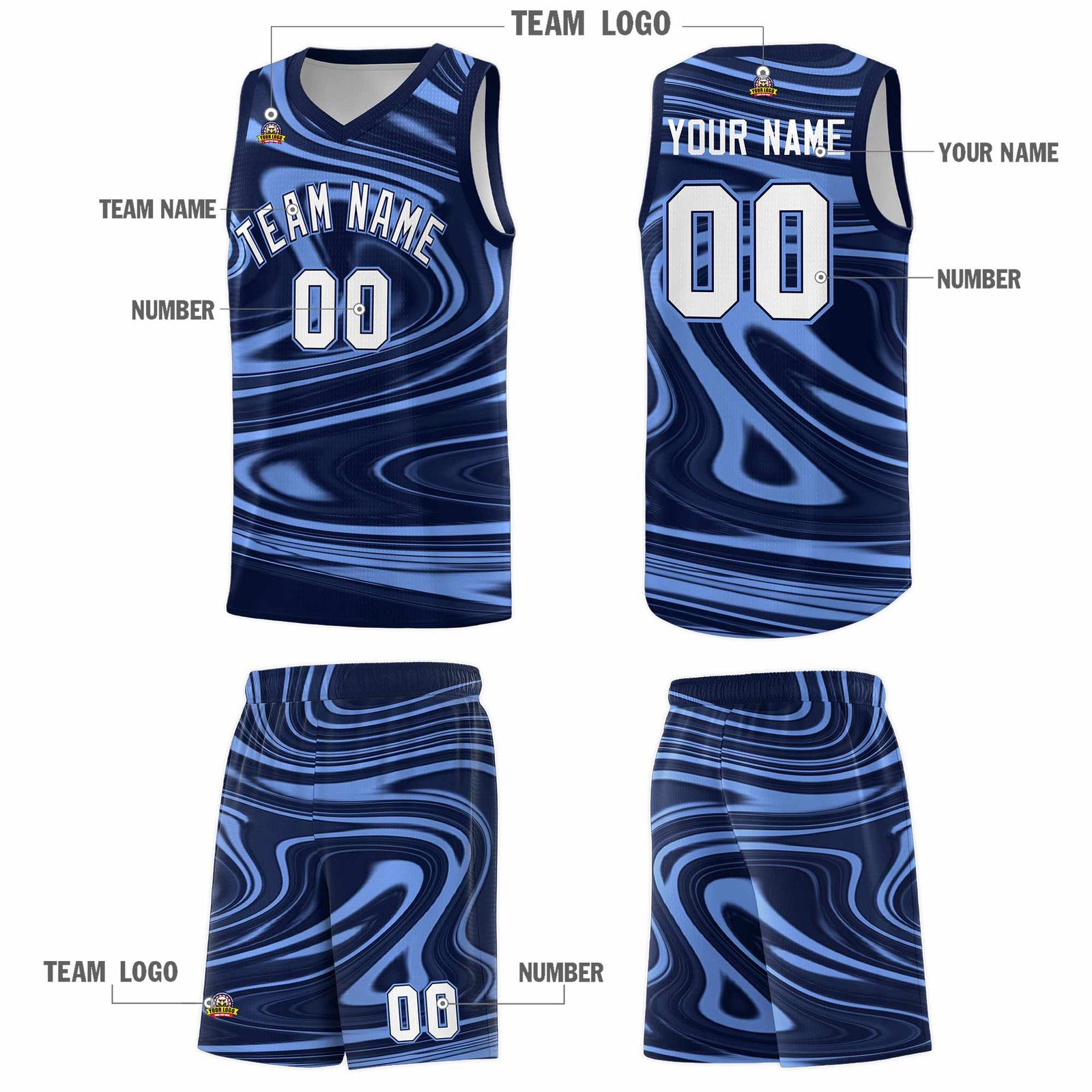Custom Navy Light Blue Graffiti Pattern Fluids Style Sports Uniform Basketball Jersey Sets