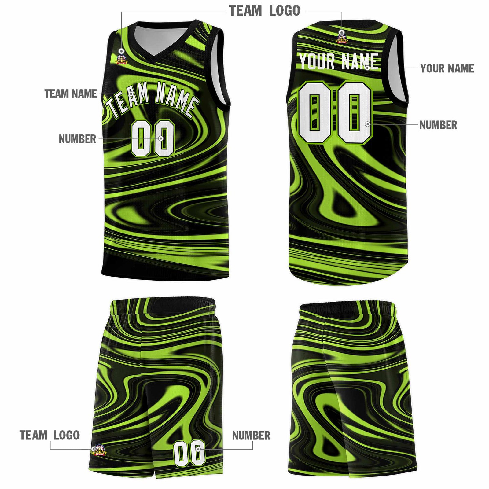Custom Black Light Green Graffiti Pattern Fluids Style Sports Uniform Basketball Jersey Sets