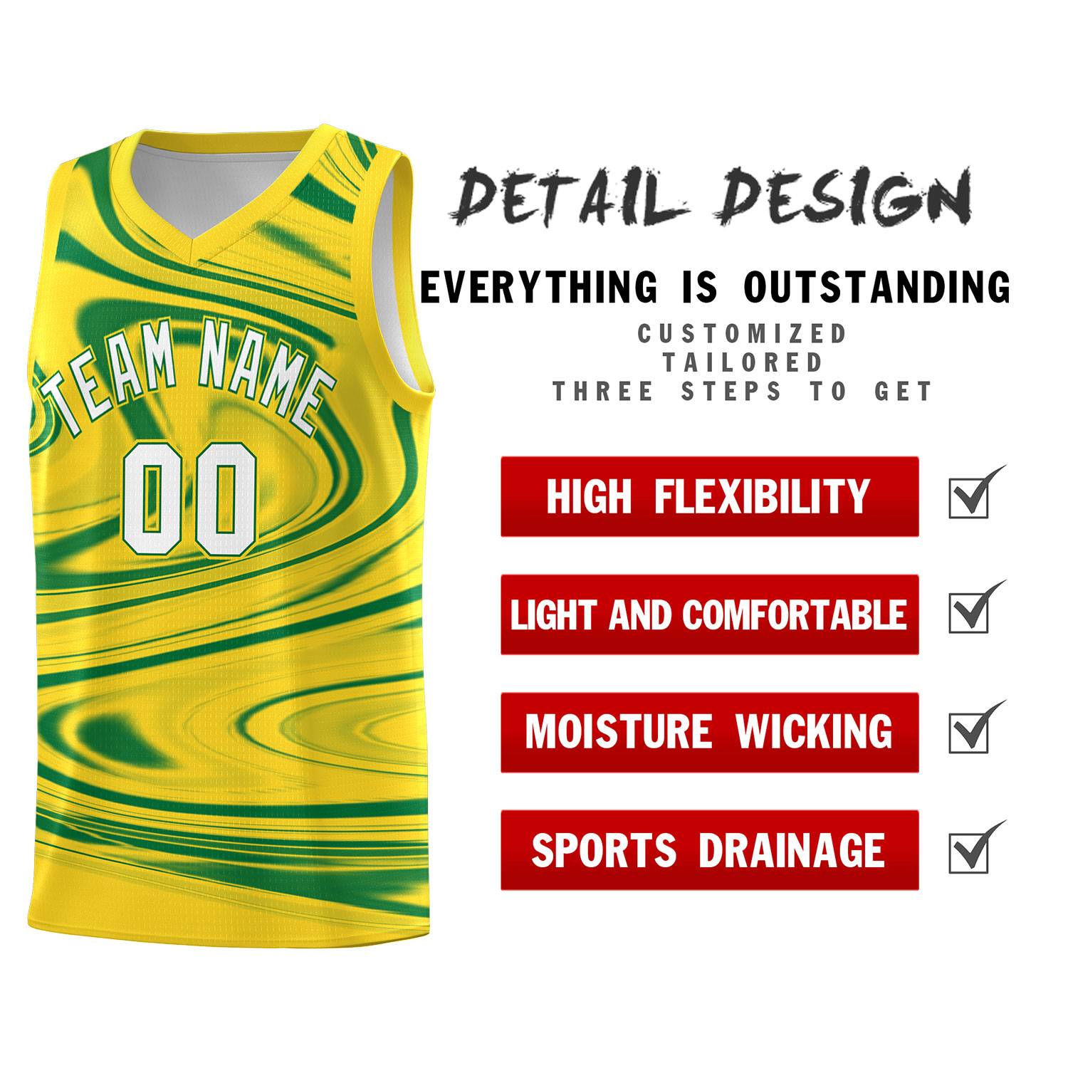 Custom Gold Kelly Green Graffiti Pattern Fluids Style Sports Uniform Basketball Jersey Sets