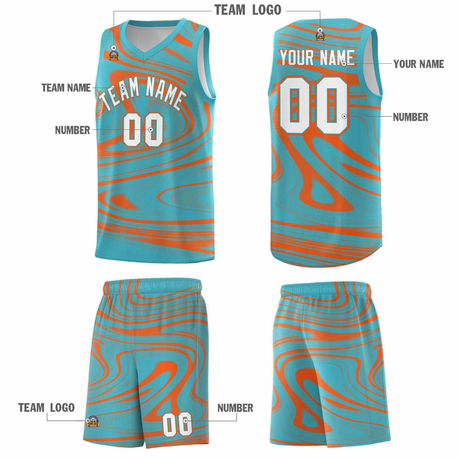 Custom Aqua Orange Graffiti Pattern Fluids Style Sports Uniform Basketball Jersey Sets