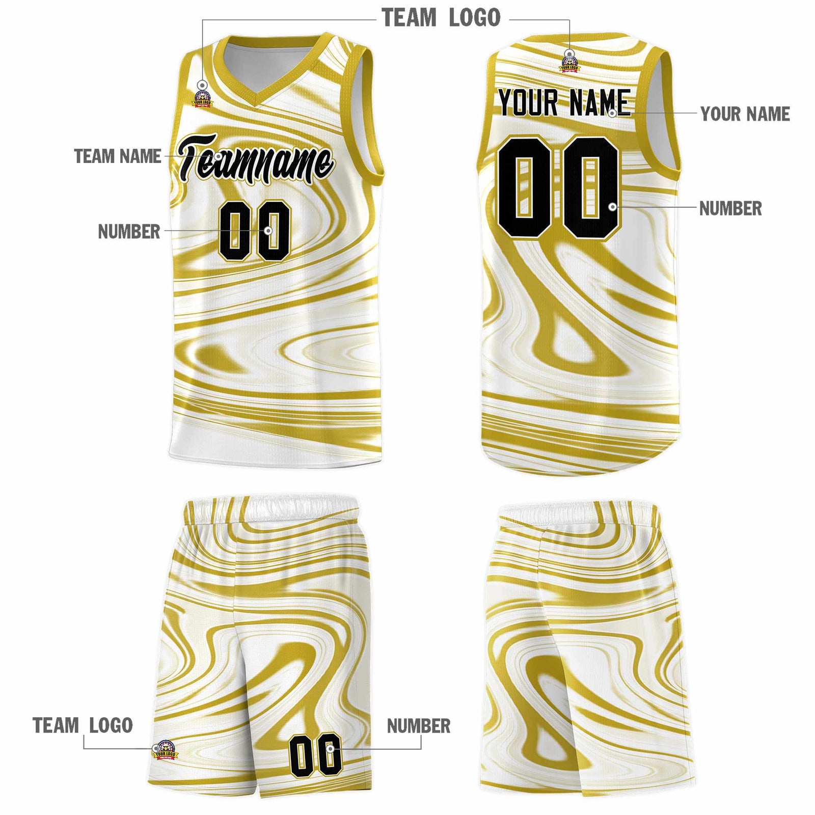 Custom White Old Gold Graffiti Pattern Fluids Style Sports Uniform Basketball Jersey Sets