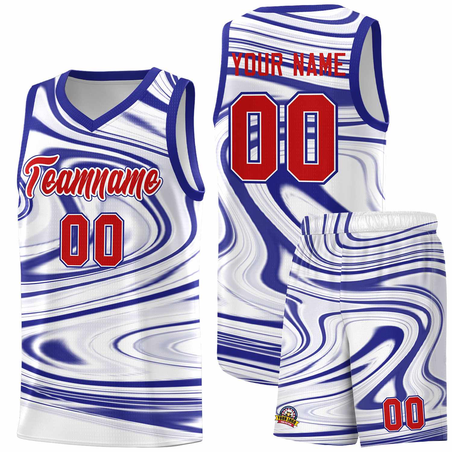 Custom White Royal Graffiti Pattern Fluids Style Sports Uniform Basketball Jersey Sets