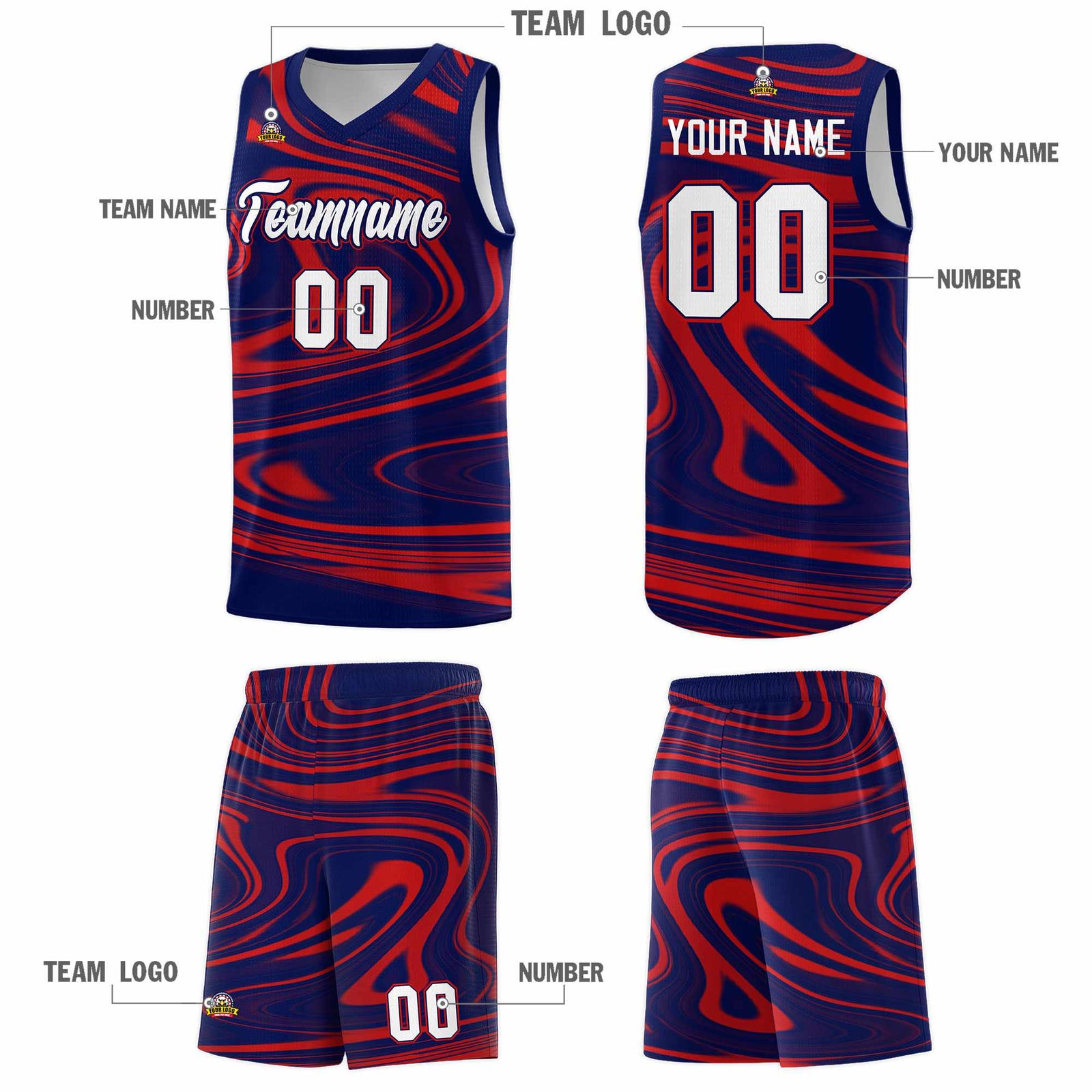 Custom Navy Red Graffiti Pattern Fluids Style Sports Uniform Basketball Jersey Sets
