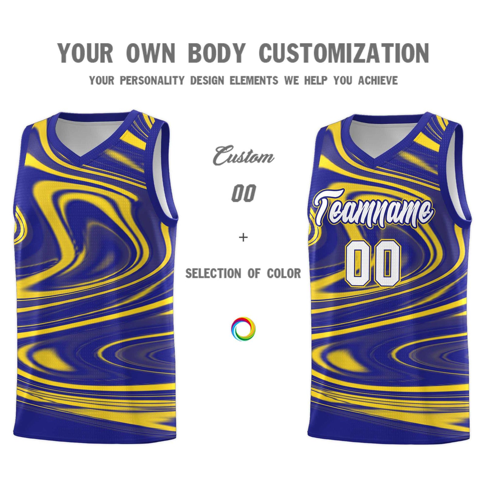 Custom Royal Gold Graffiti Pattern Fluids Style Sports Uniform Basketball Jersey Sets