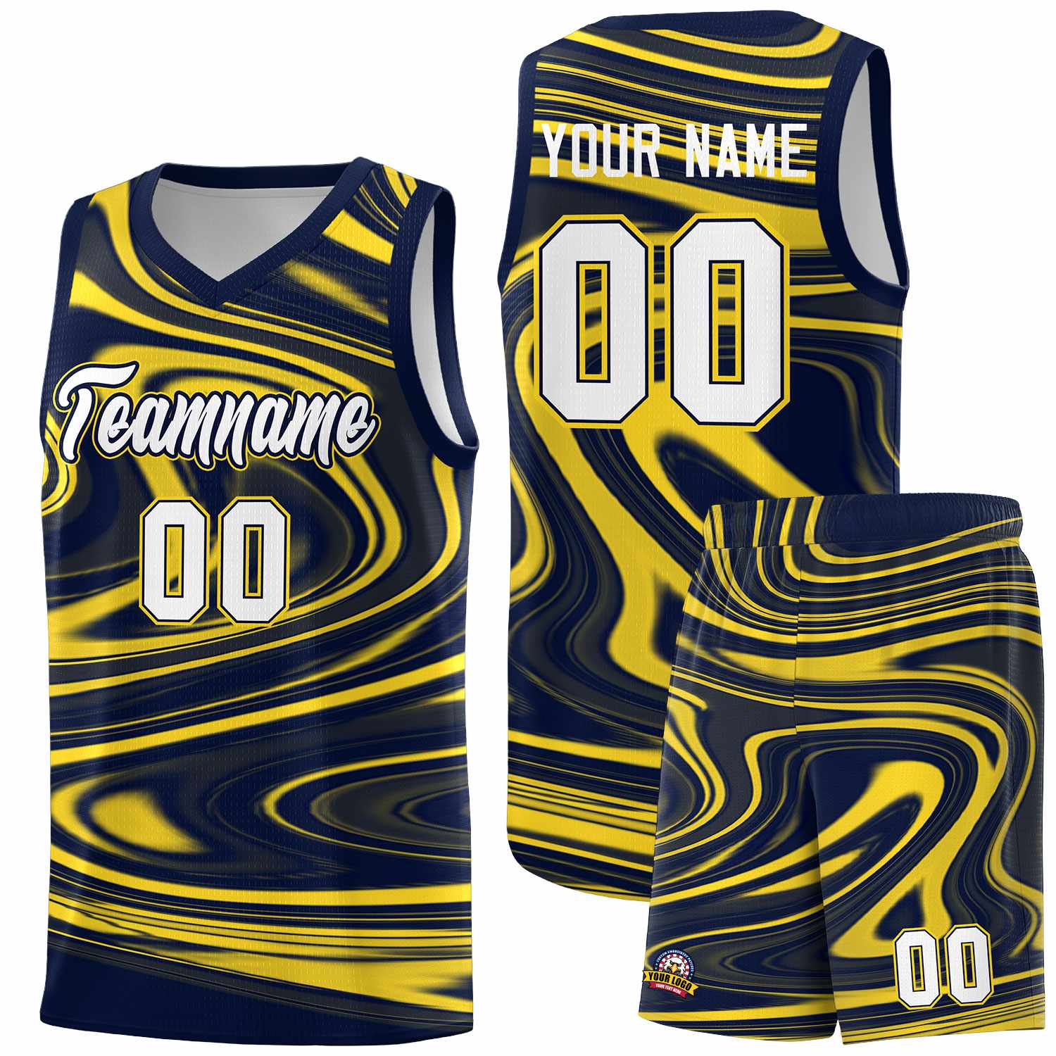 Custom Navy Gold Graffiti Pattern Fluids Style Sports Uniform Basketball Jersey Sets