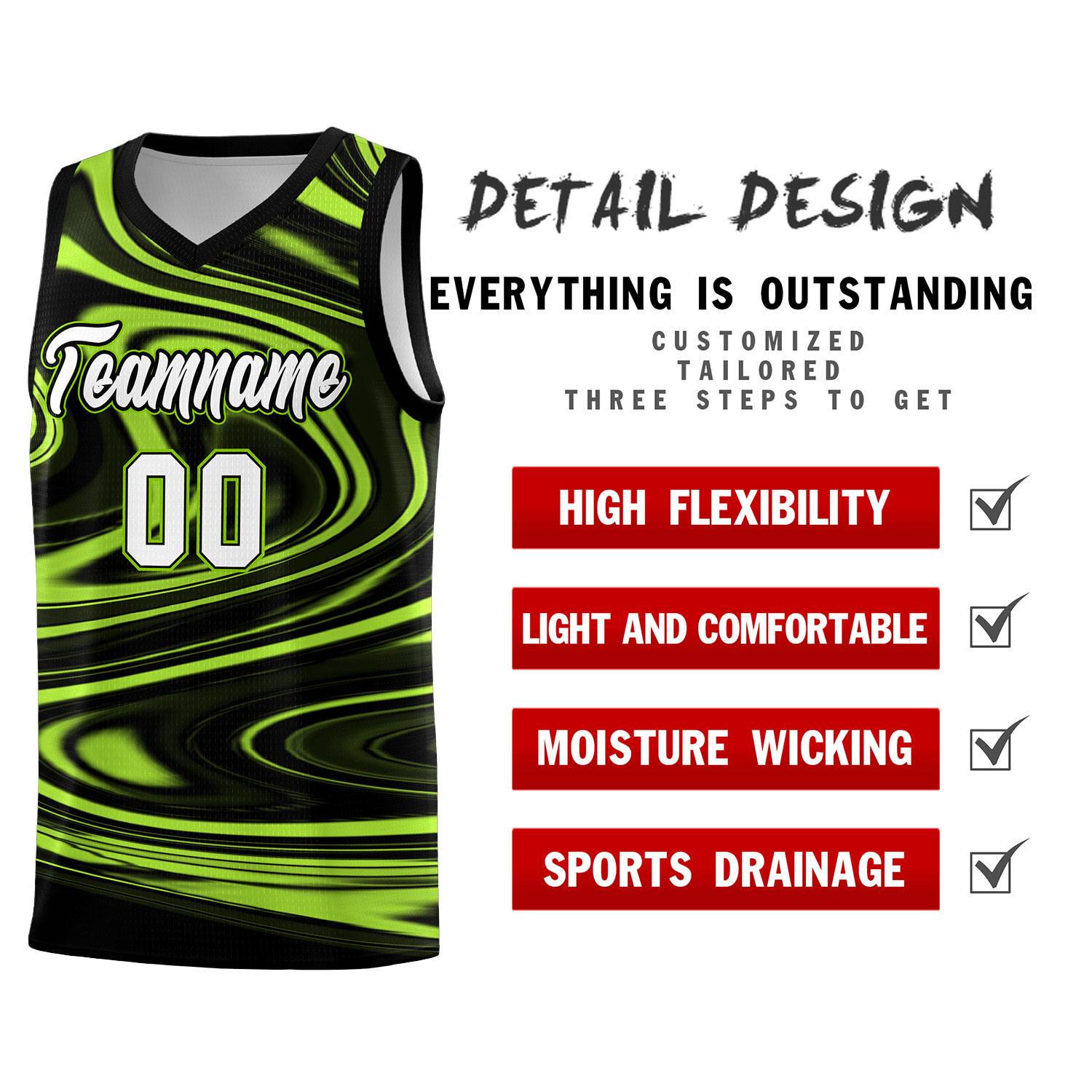 Custom Black Light Green Graffiti Pattern Fluids Style Sports Uniform Basketball Jersey Sets