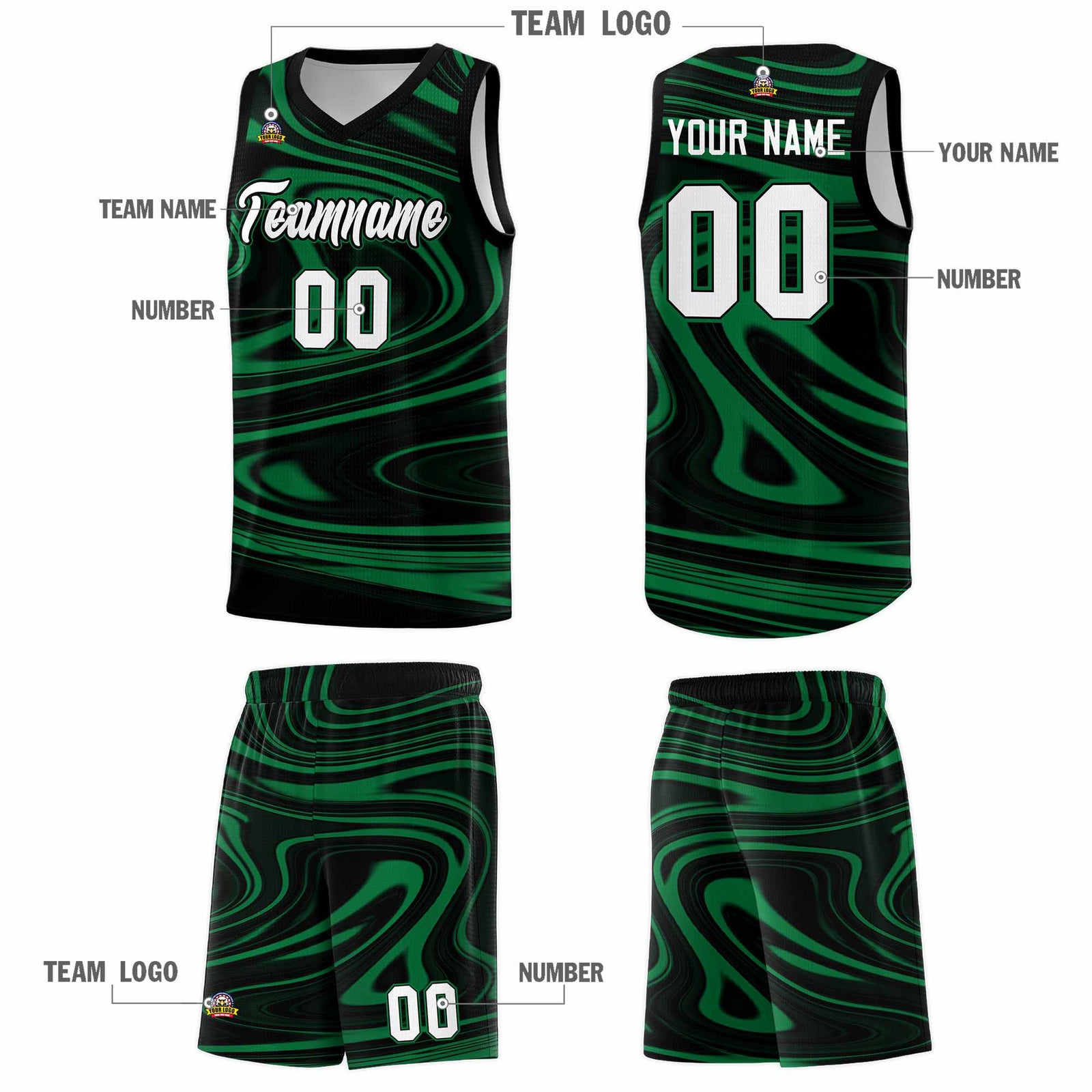Custom Black Kelly Green Graffiti Pattern Fluids Style Sports Uniform Basketball Jersey Sets