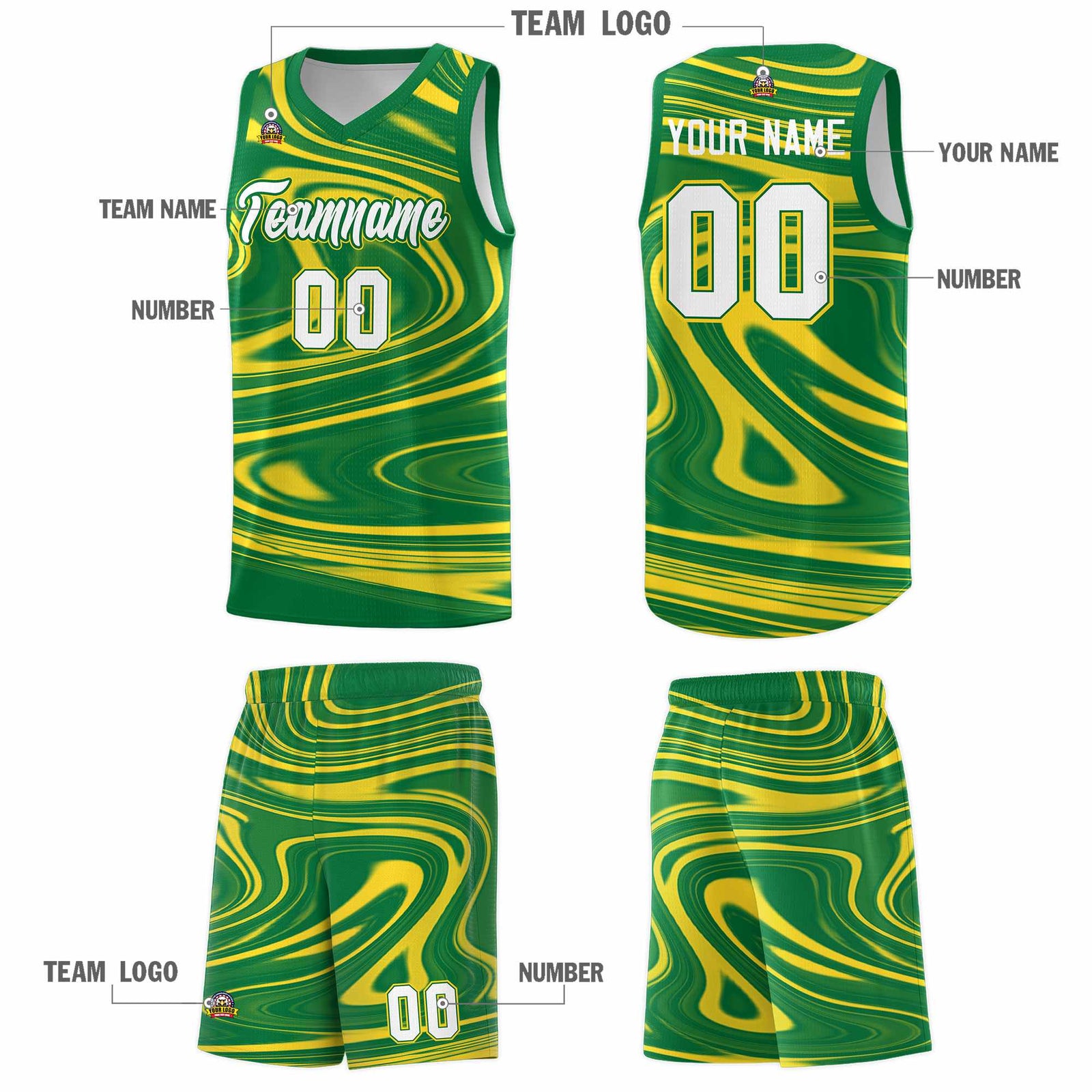 Custom Kelly Green Gold Graffiti Pattern Fluids Style Sports Uniform Basketball Jersey Sets