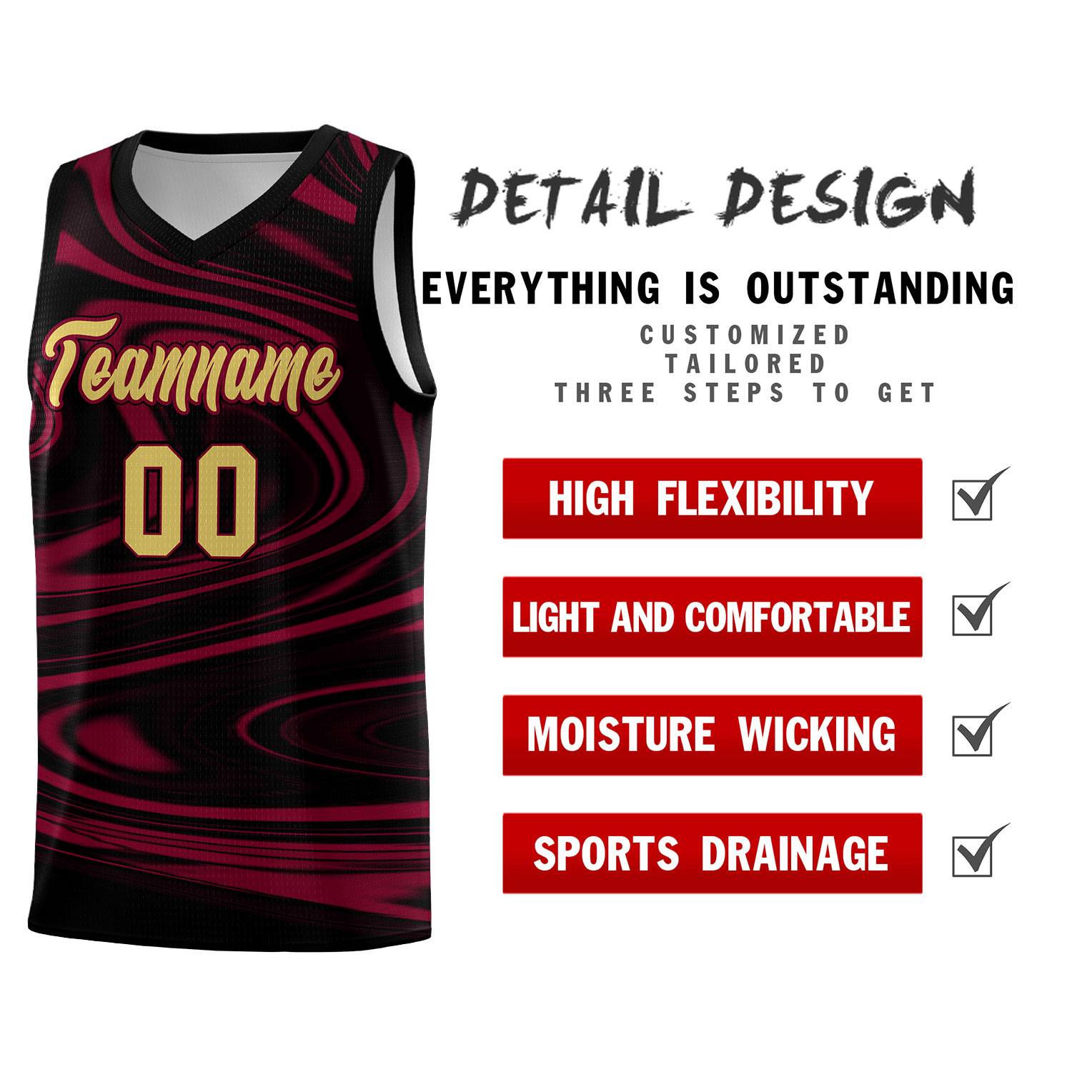 Custom Black Crimson Graffiti Pattern Fluids Style Sports Uniform Basketball Jersey Sets