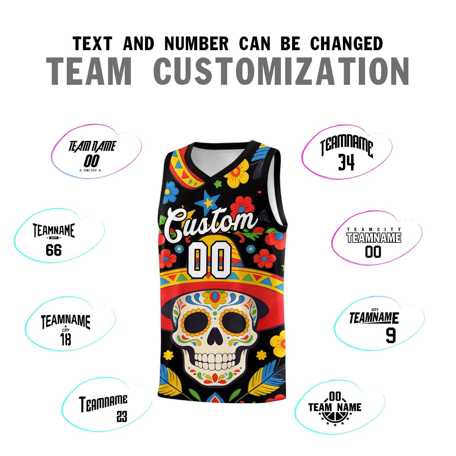 Custom Black Skeleton Mexican Colors Graffiti Patterns Breathable Uniform Basketball Jersey
