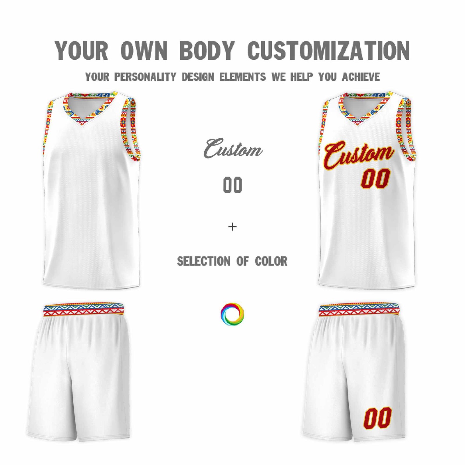 Custom White Colorfulflower pattern Mexican Colors Graffiti Patterns Wrinkle-Resistant Uniform Basketball Jersey