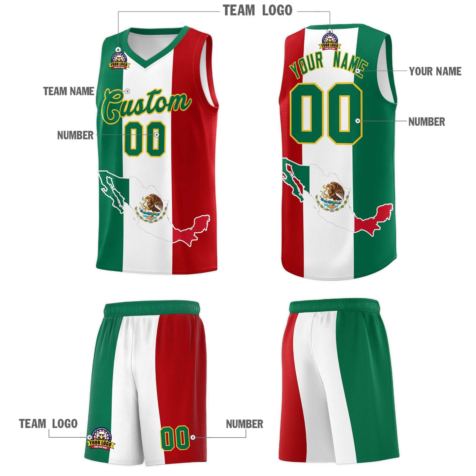 Custom White Kelly Green Red Mexican Colors Graffiti Patterns Quick-Drying Uniform Basketball Jersey