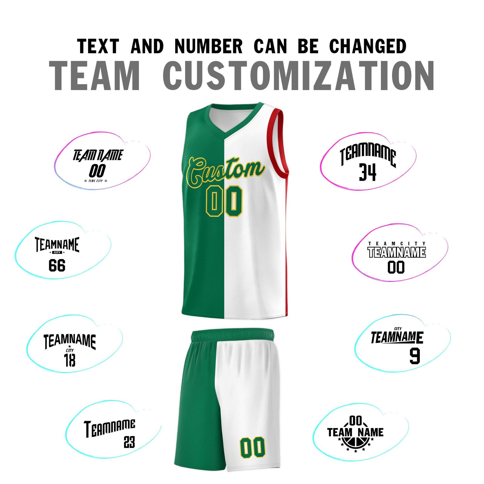 Custom White Kelly Green Red Mexican Colors Graffiti Patterns Lightweight Uniform Basketball Jersey