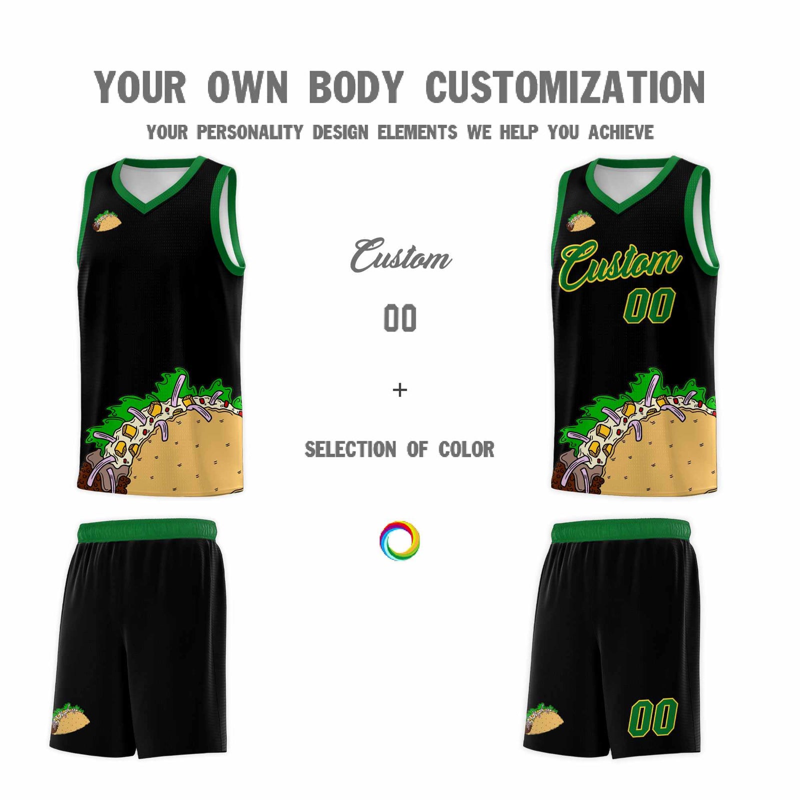 Custom Black Kelly Green Mexican Colors Graffiti Patterns Wrinkle-Resistant Uniform Basketball Jersey