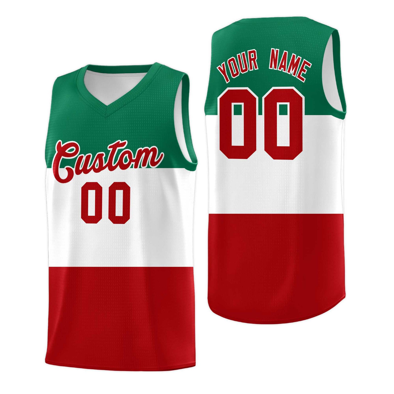Custom White Kelly Green Red Mexican Colors Graffiti Patterns Drapable Uniform Basketball Jersey