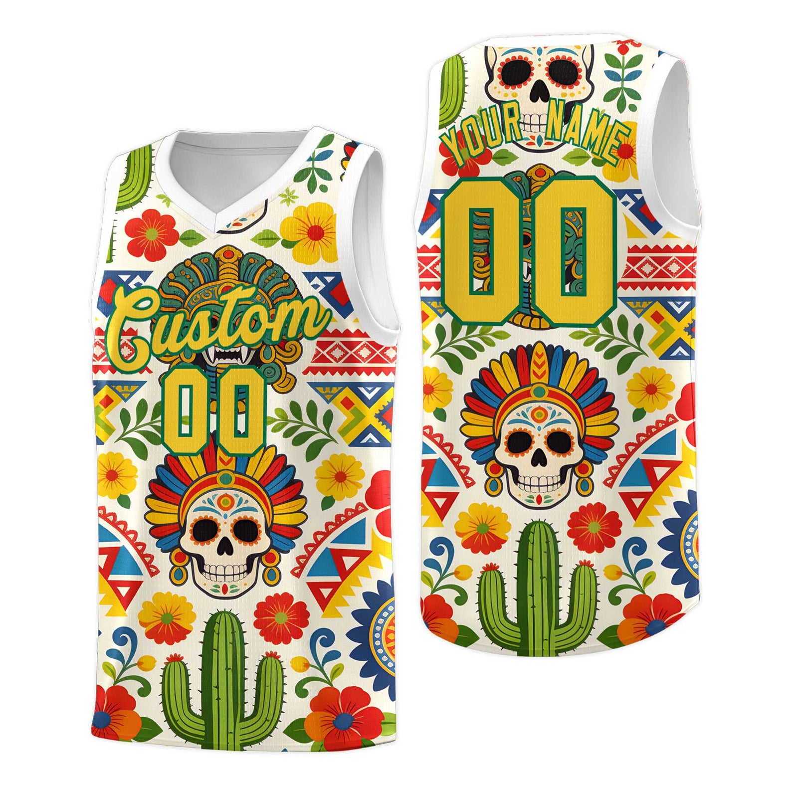 Custom White Skeleton Mexican Colors Graffiti Patterns Sublimation Printing Uniform Basketball Jersey