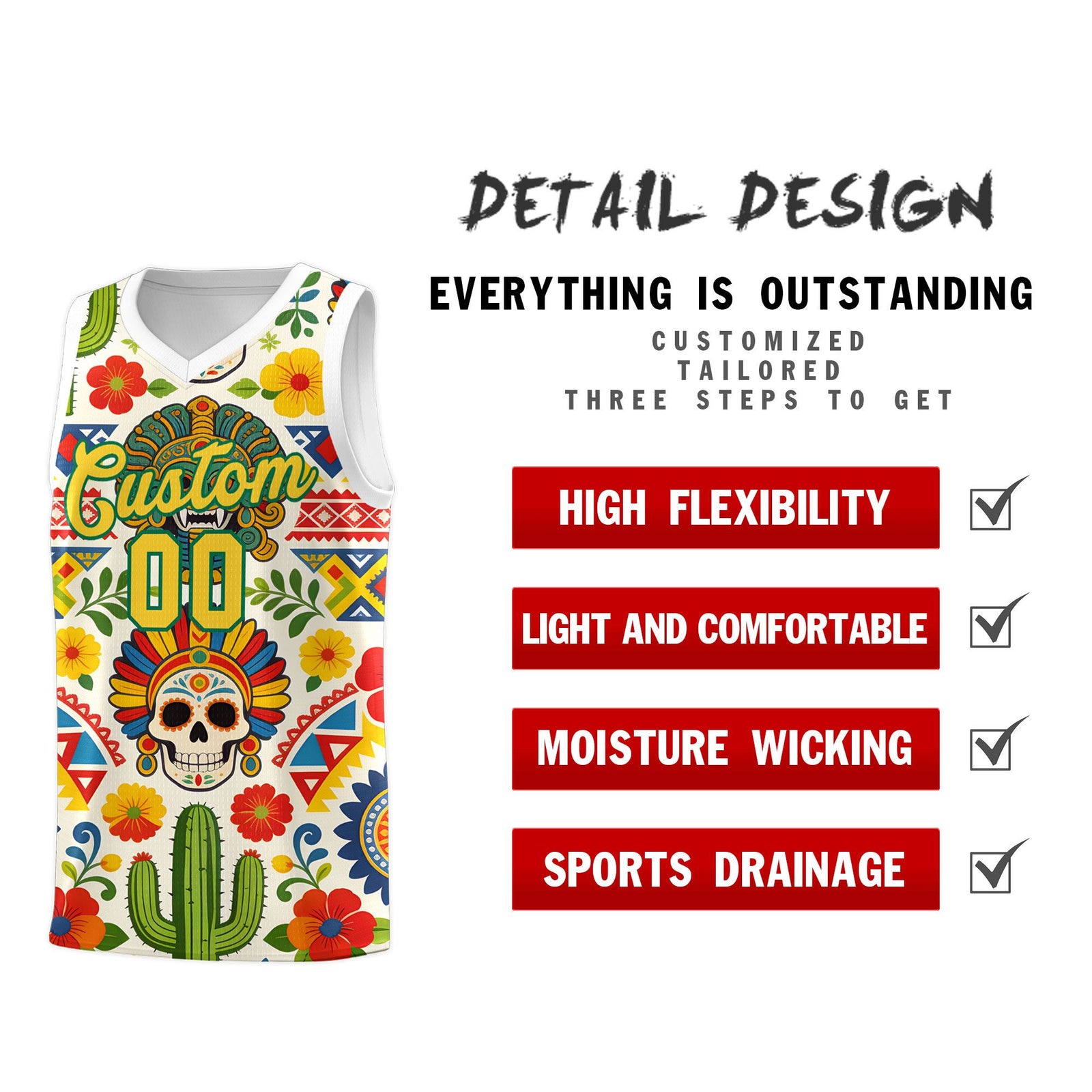 Custom White Skeleton Mexican Colors Graffiti Patterns Sublimation Printing Uniform Basketball Jersey