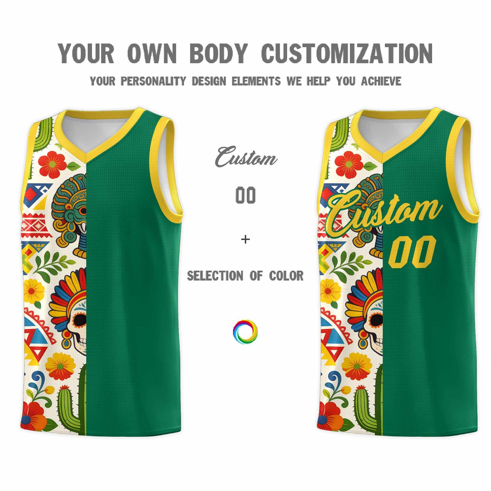 Custom Kelly Green Skeleton Mexican Colors Graffiti Patterns Quick-Drying Uniform Basketball Jersey