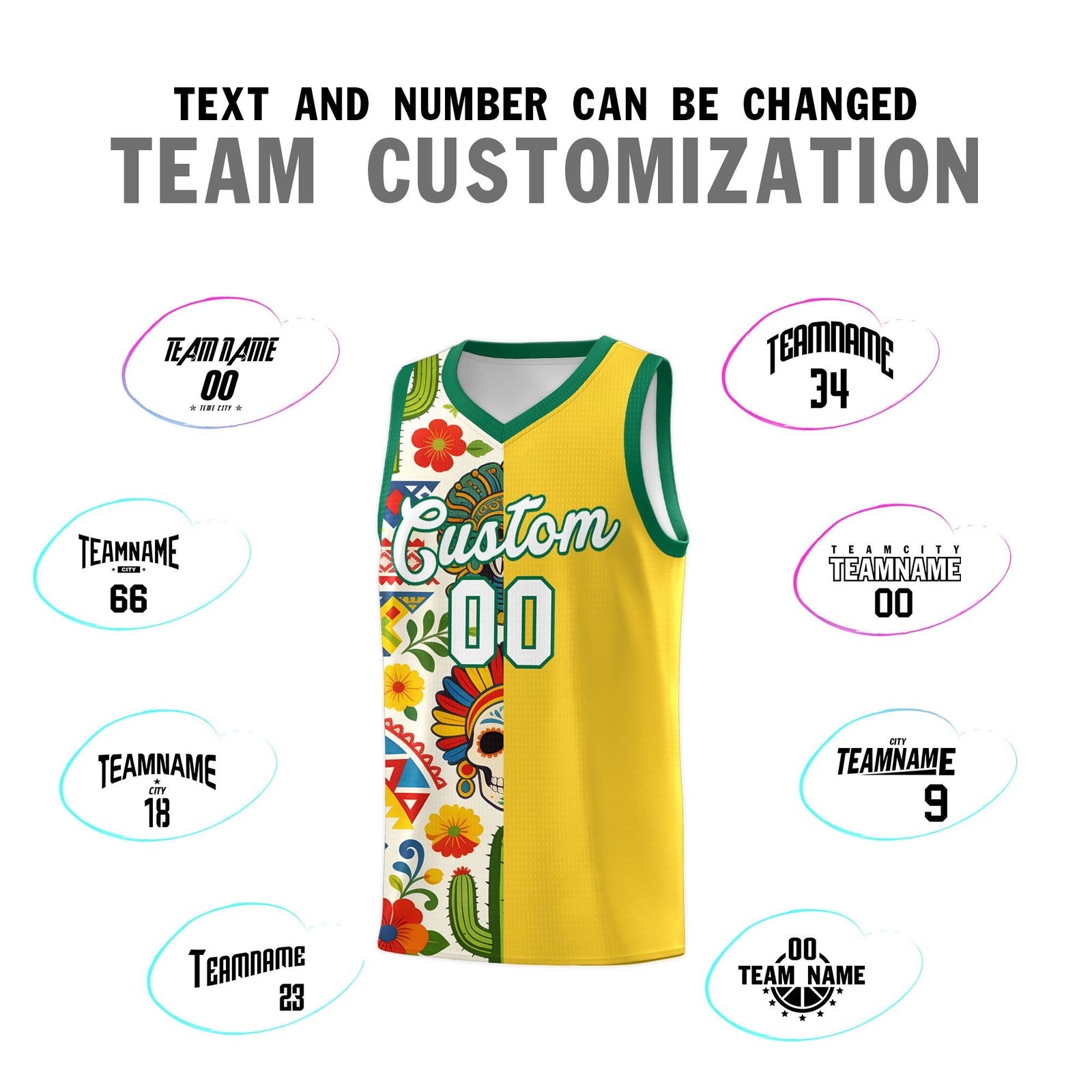 Custom Gold Skeleton Mexican Colors Graffiti Patterns Lightweight Uniform Basketball Jersey