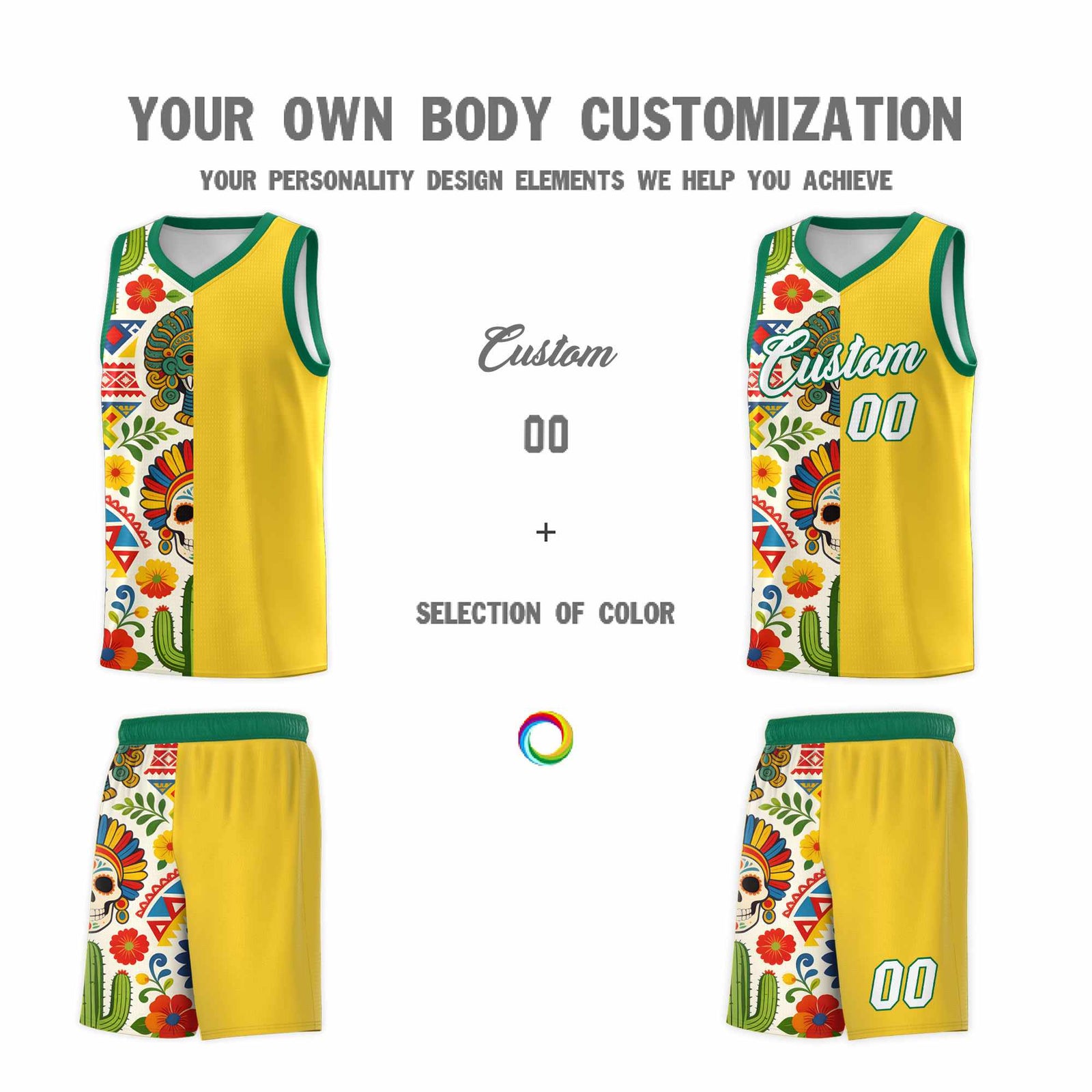 Custom Gold Skeleton Mexican Colors Graffiti Patterns Lightweight Uniform Basketball Jersey