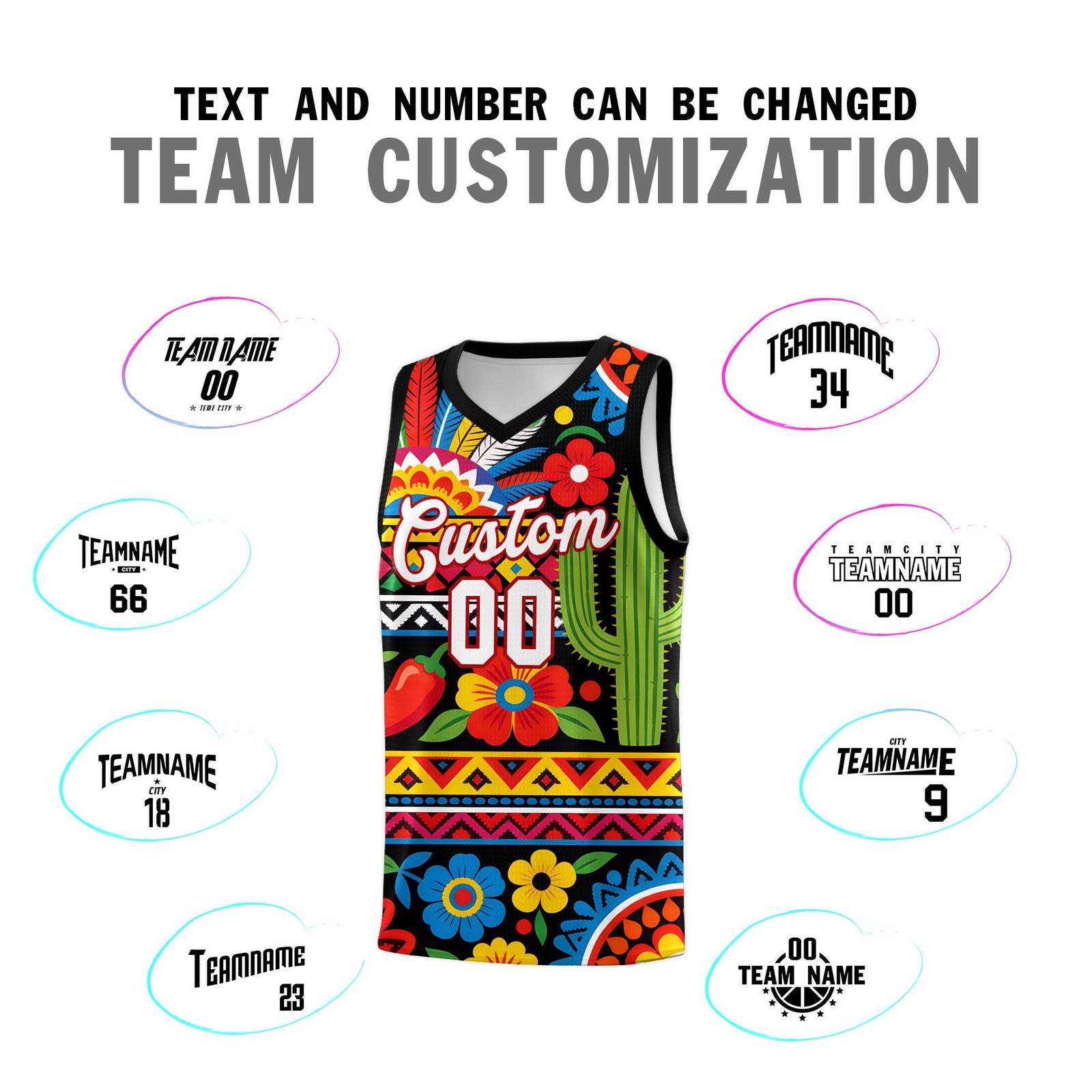 Custom Black Cactus Mexican Colors Graffiti Patterns Wrinkle-Resistant Uniform Basketball Jersey