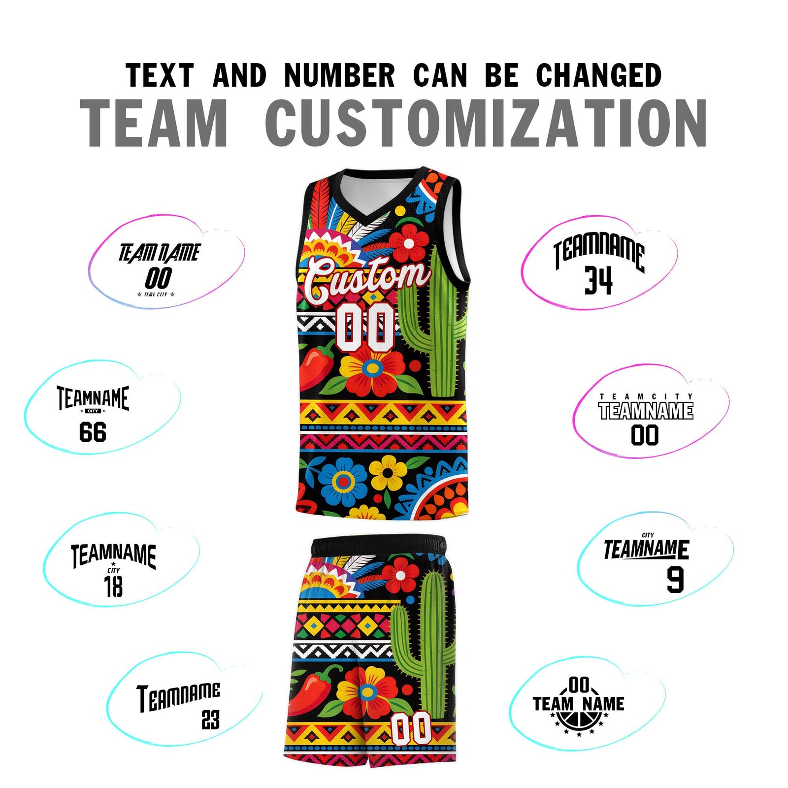 Custom Black Cactus Mexican Colors Graffiti Patterns Wrinkle-Resistant Uniform Basketball Jersey