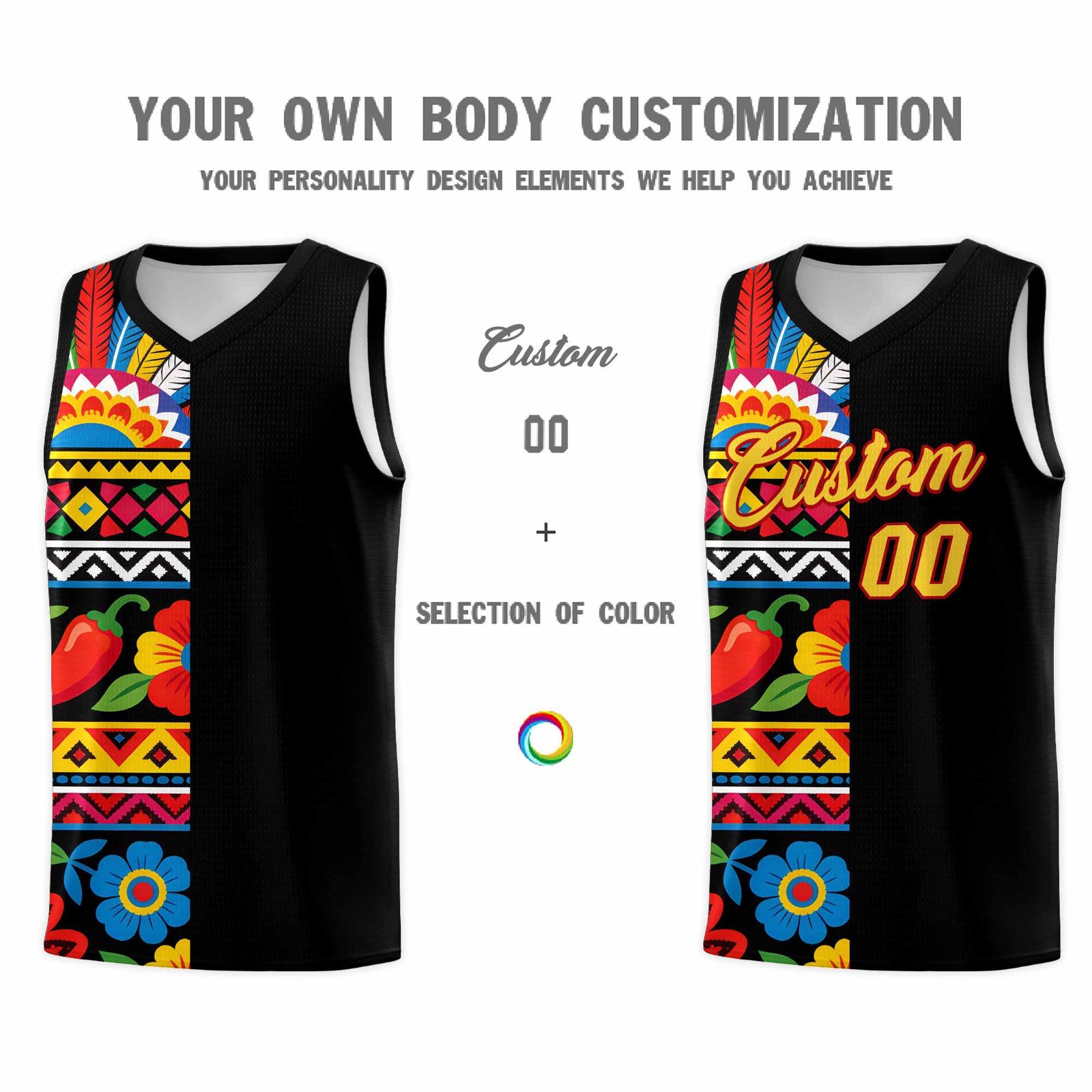 Custom Black Cactus Mexican Colors Graffiti Patterns Drapable Uniform Basketball Jersey