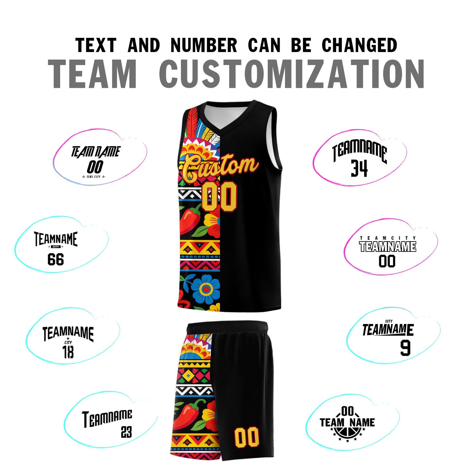 Custom Black Cactus Mexican Colors Graffiti Patterns Drapable Uniform Basketball Jersey