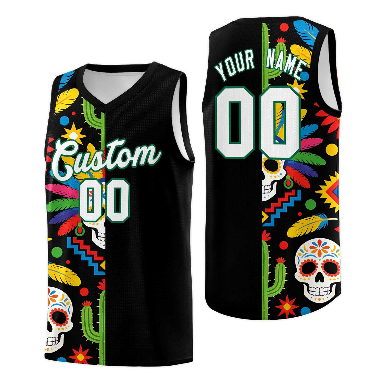 Custom Black Skeleton Mexican Colors Graffiti Patterns Breathable Uniform Basketball Jersey