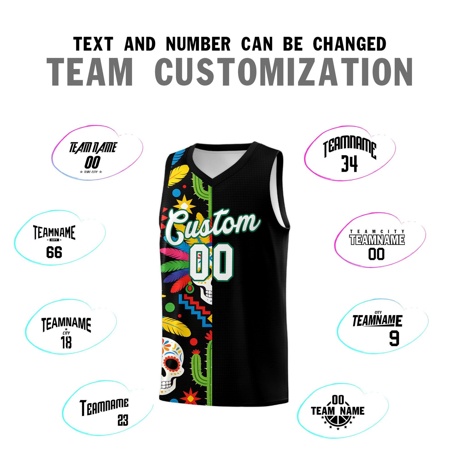 Custom Black Skeleton Mexican Colors Graffiti Patterns Breathable Uniform Basketball Jersey