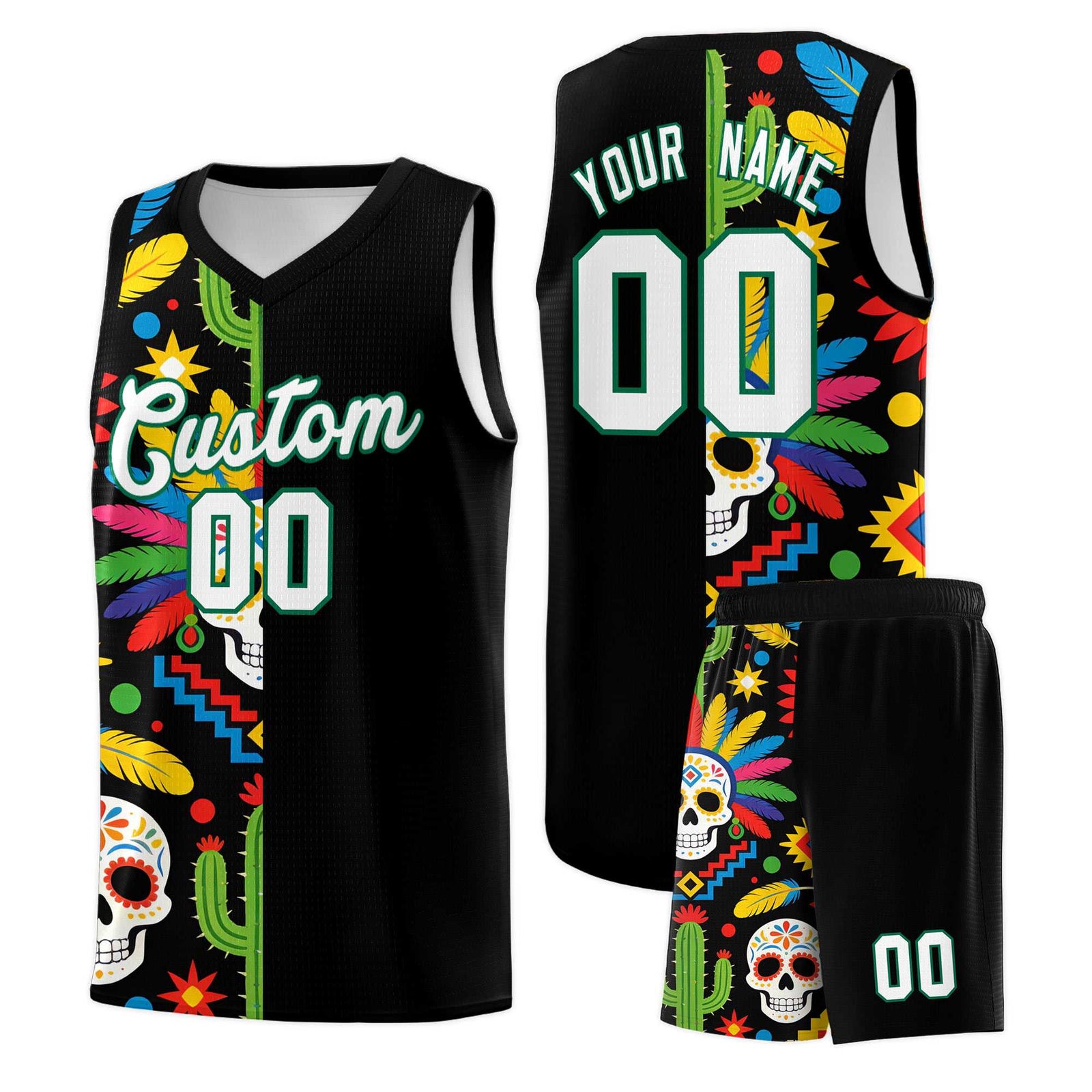 Custom Black Skeleton Mexican Colors Graffiti Patterns Breathable Uniform Basketball Jersey