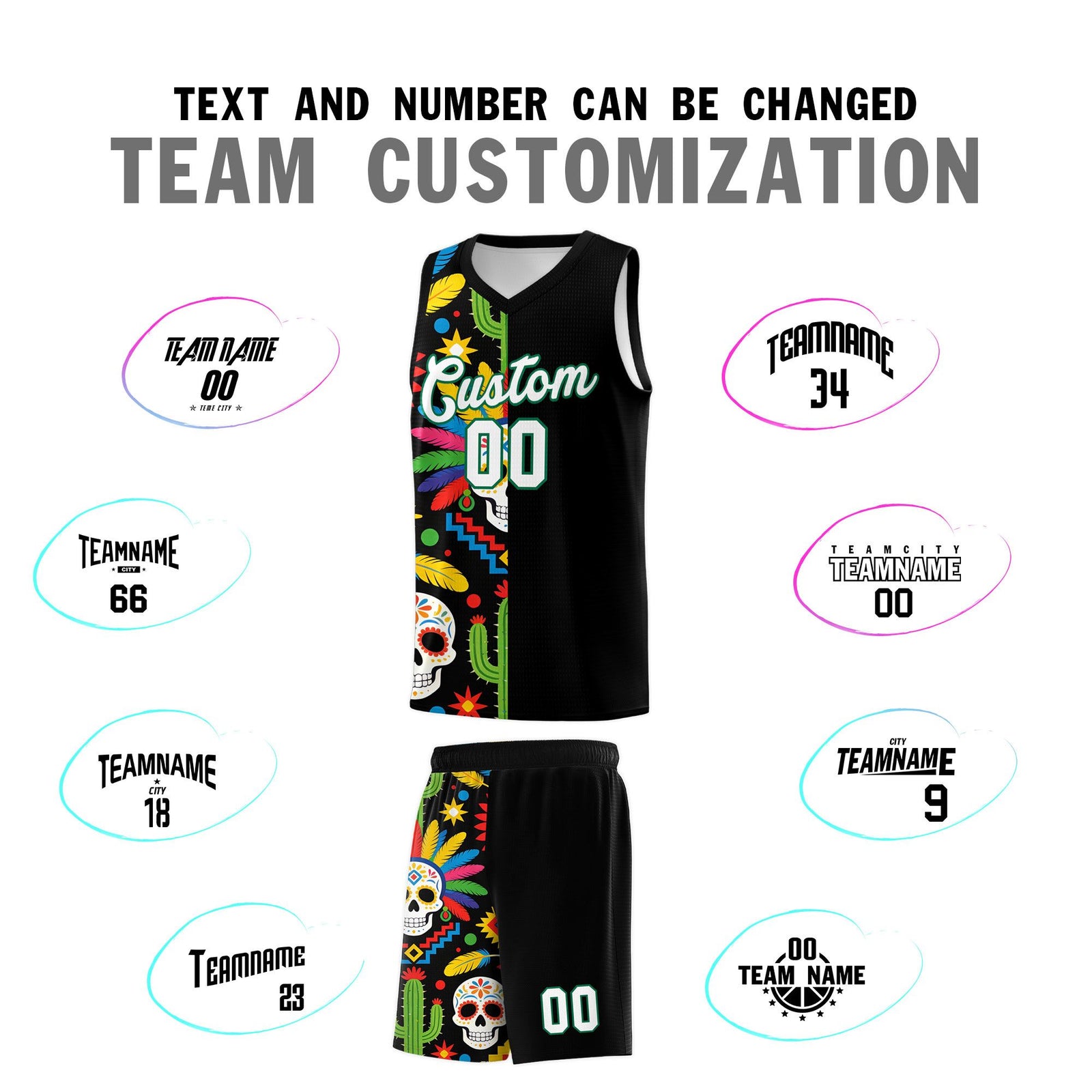 Custom Black Skeleton Mexican Colors Graffiti Patterns Breathable Uniform Basketball Jersey