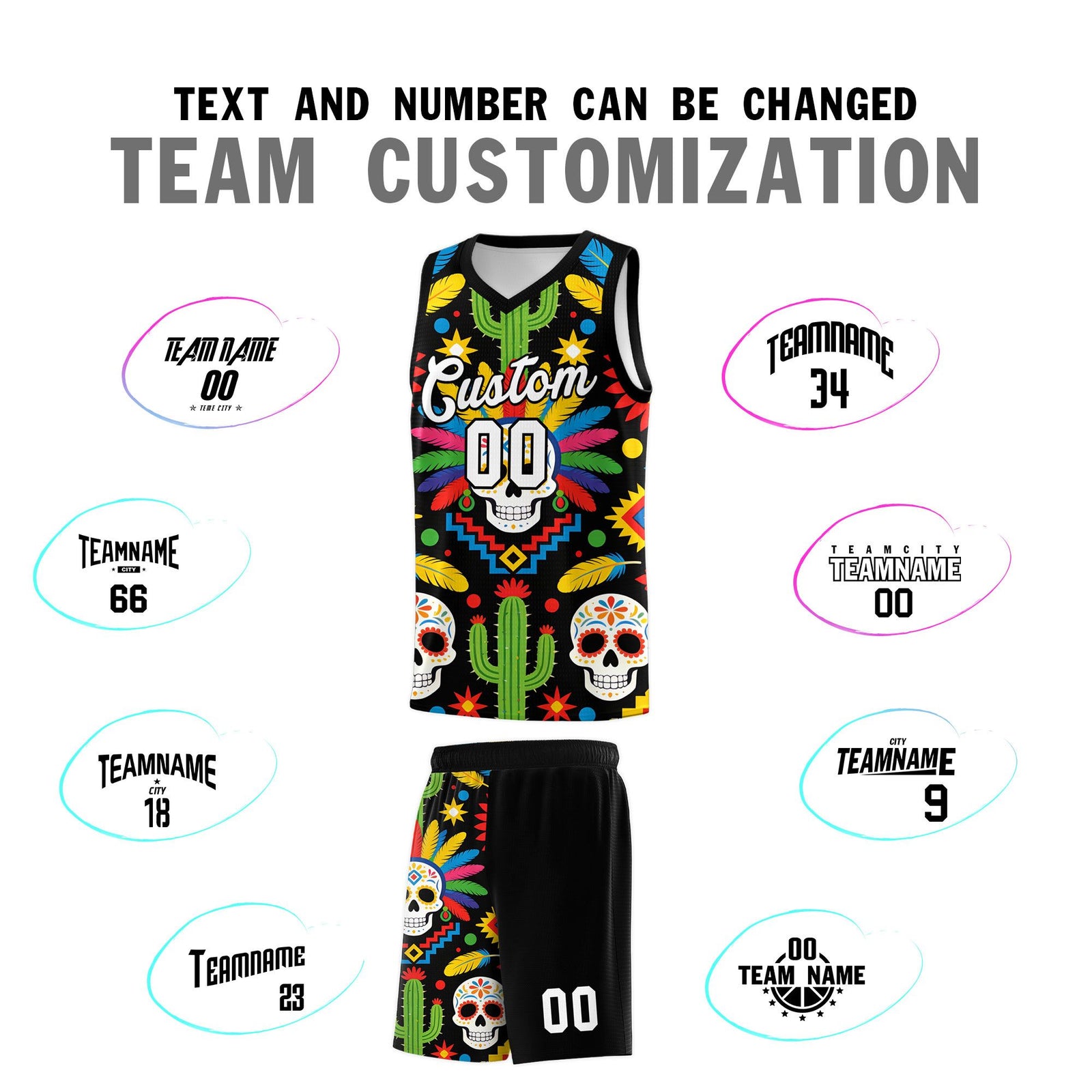 Custom Black Skeleton Mexican Colors Graffiti Patterns Quick-Drying Uniform Basketball Jersey