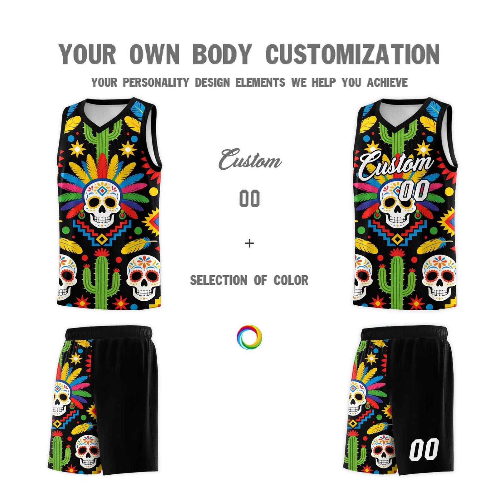 Custom Black Skeleton Mexican Colors Graffiti Patterns Quick-Drying Uniform Basketball Jersey