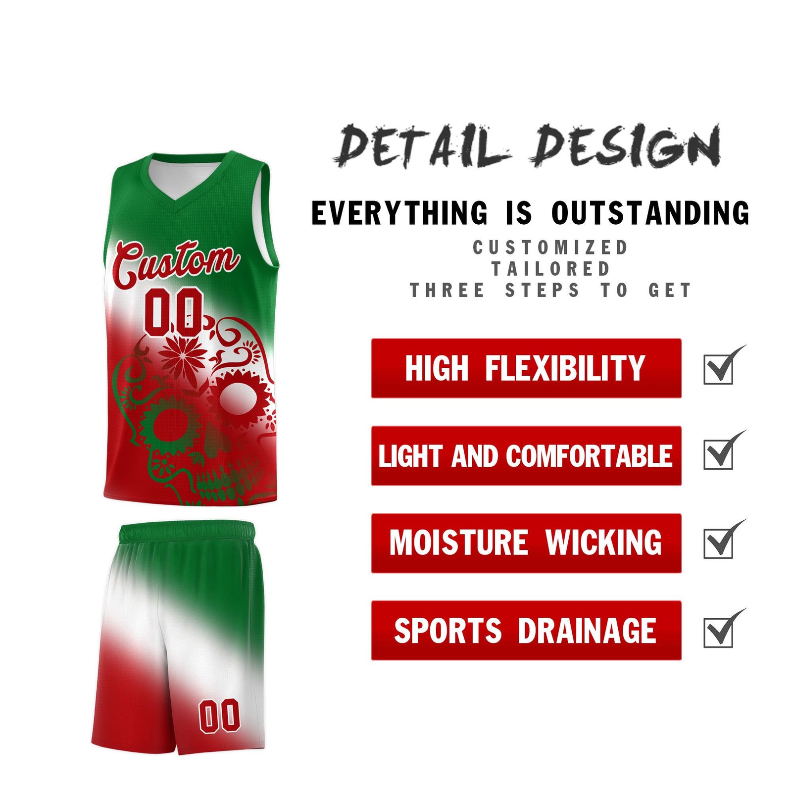 Custom White Kelly Green Red Mexican Colors Graffiti Patterns Lightweight Uniform Basketball Jersey