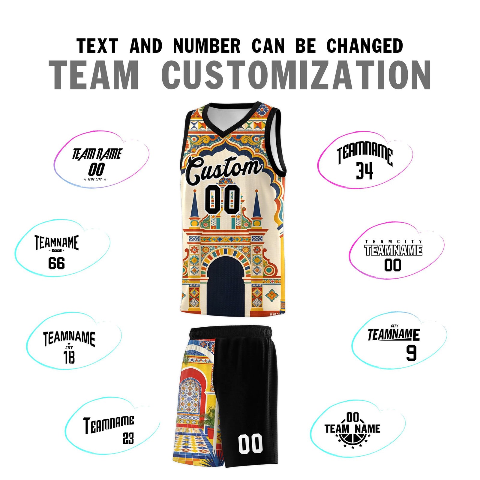 Custom Palace pattern Black Mexican Colors Graffiti Patterns Breathable Uniform Basketball Jersey