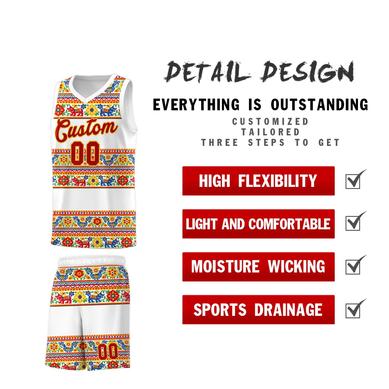 Custom White Colorfulflower pattern Mexican Colors Graffiti Patterns Quick-Drying Uniform Basketball Jersey