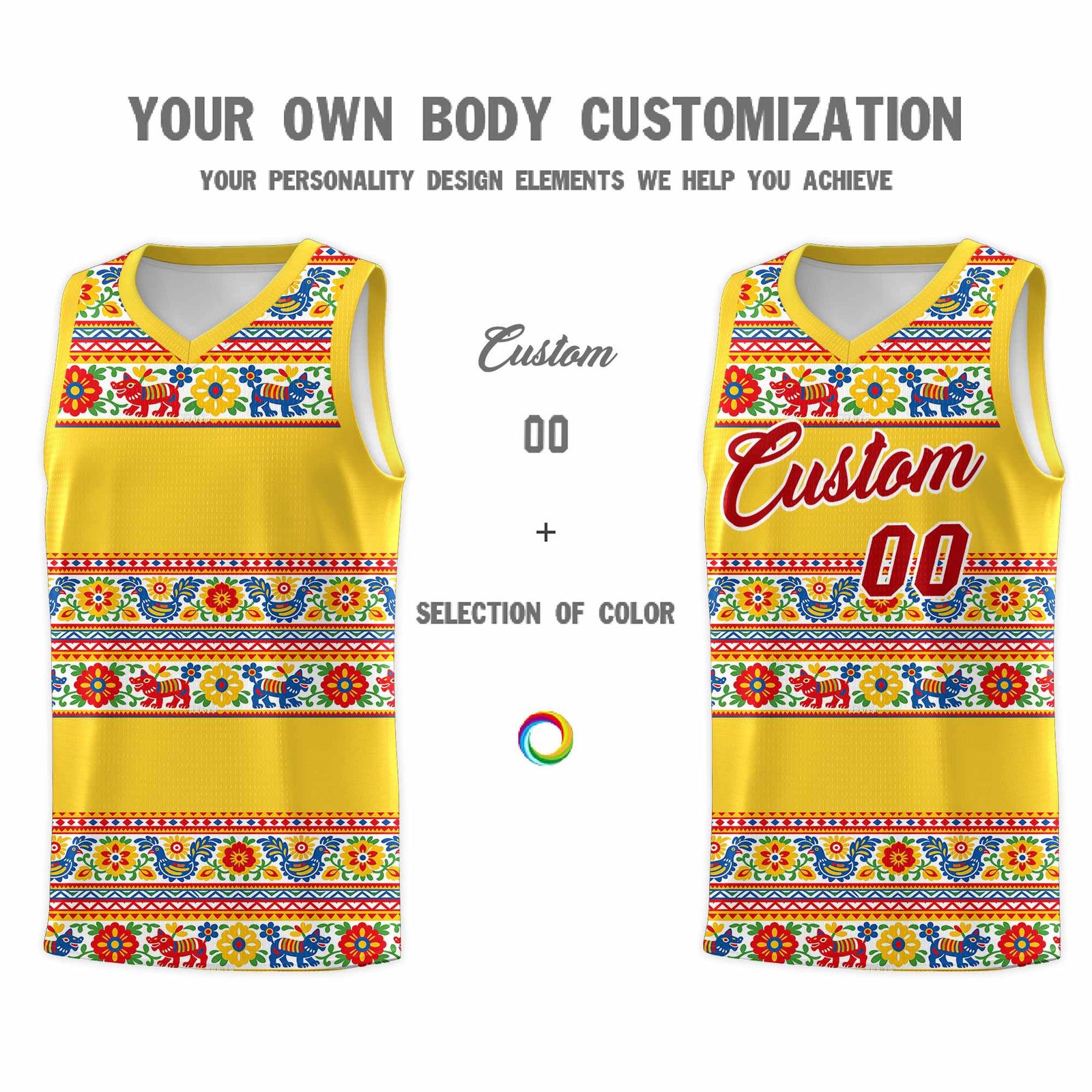 Custom Gold Colorfulflower pattern Mexican Colors Graffiti Patterns Lightweight Uniform Basketball Jersey