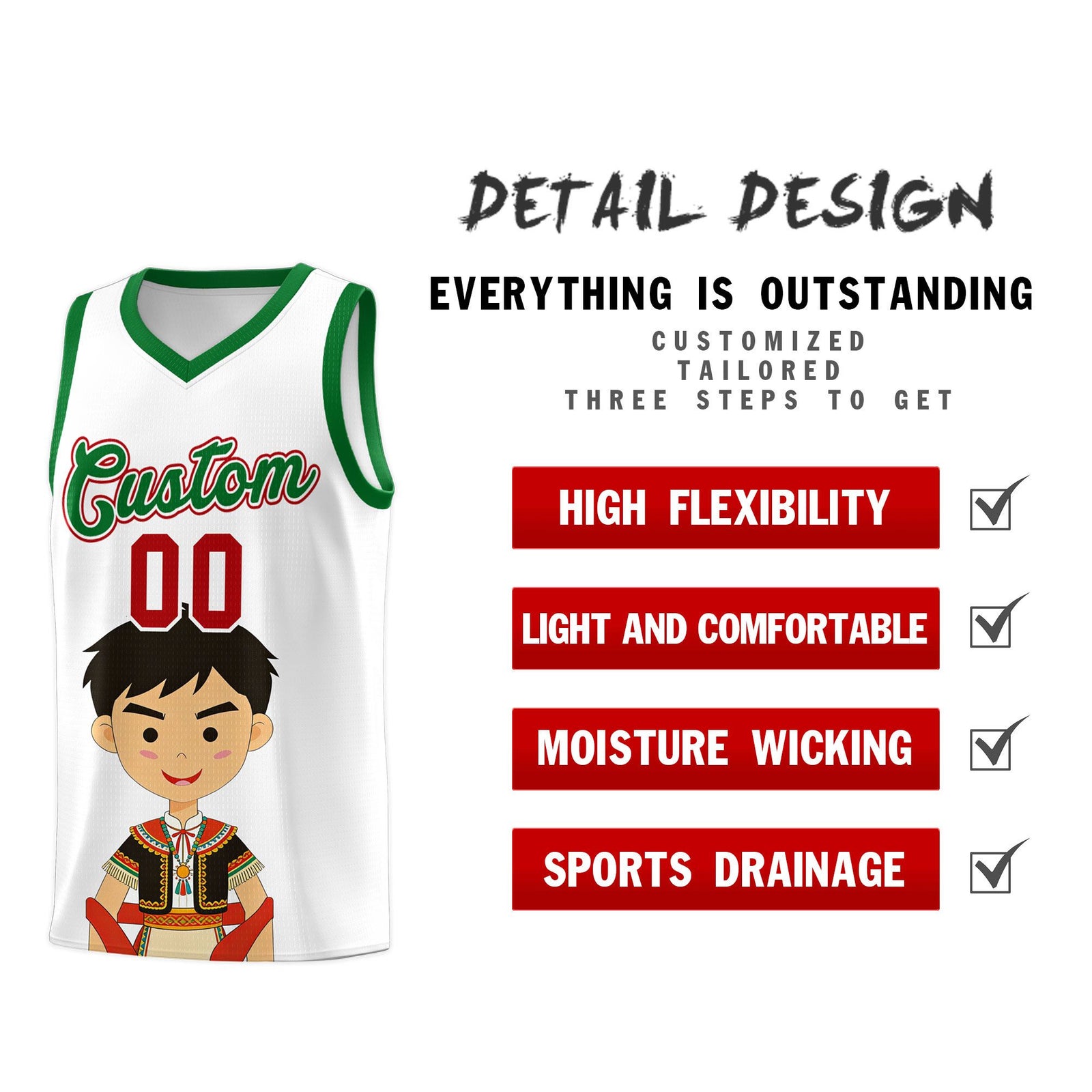 Custom White Kelly Green Mexican Colors Graffiti Patterns Breathable Uniform Basketball Jersey