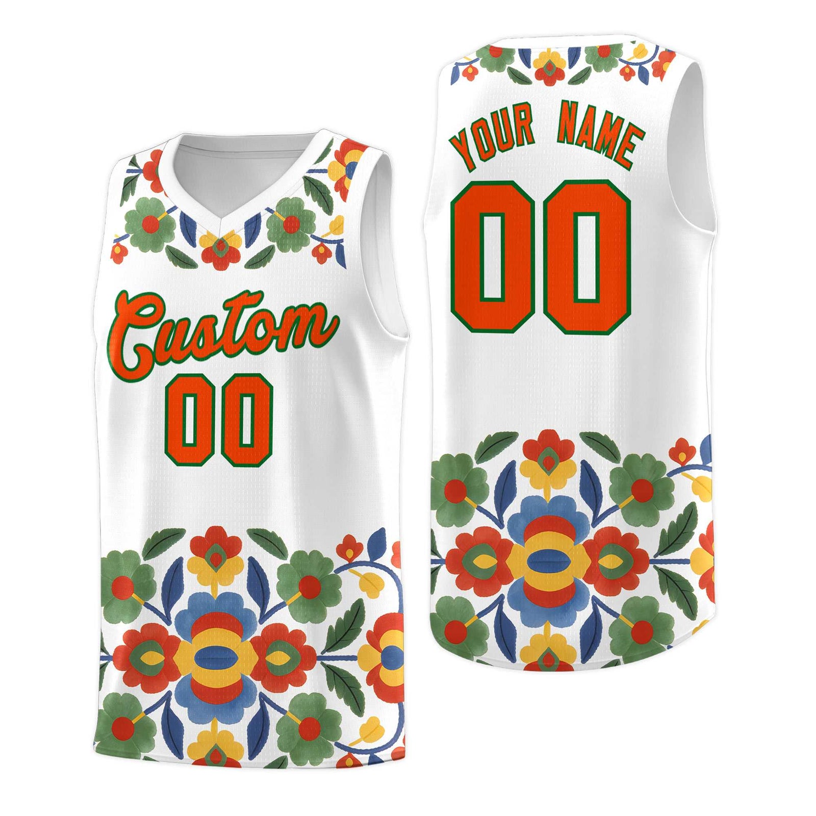 Custom White Orange Mexican Colors Graffiti Patterns Lightweight Uniform Basketball Jersey