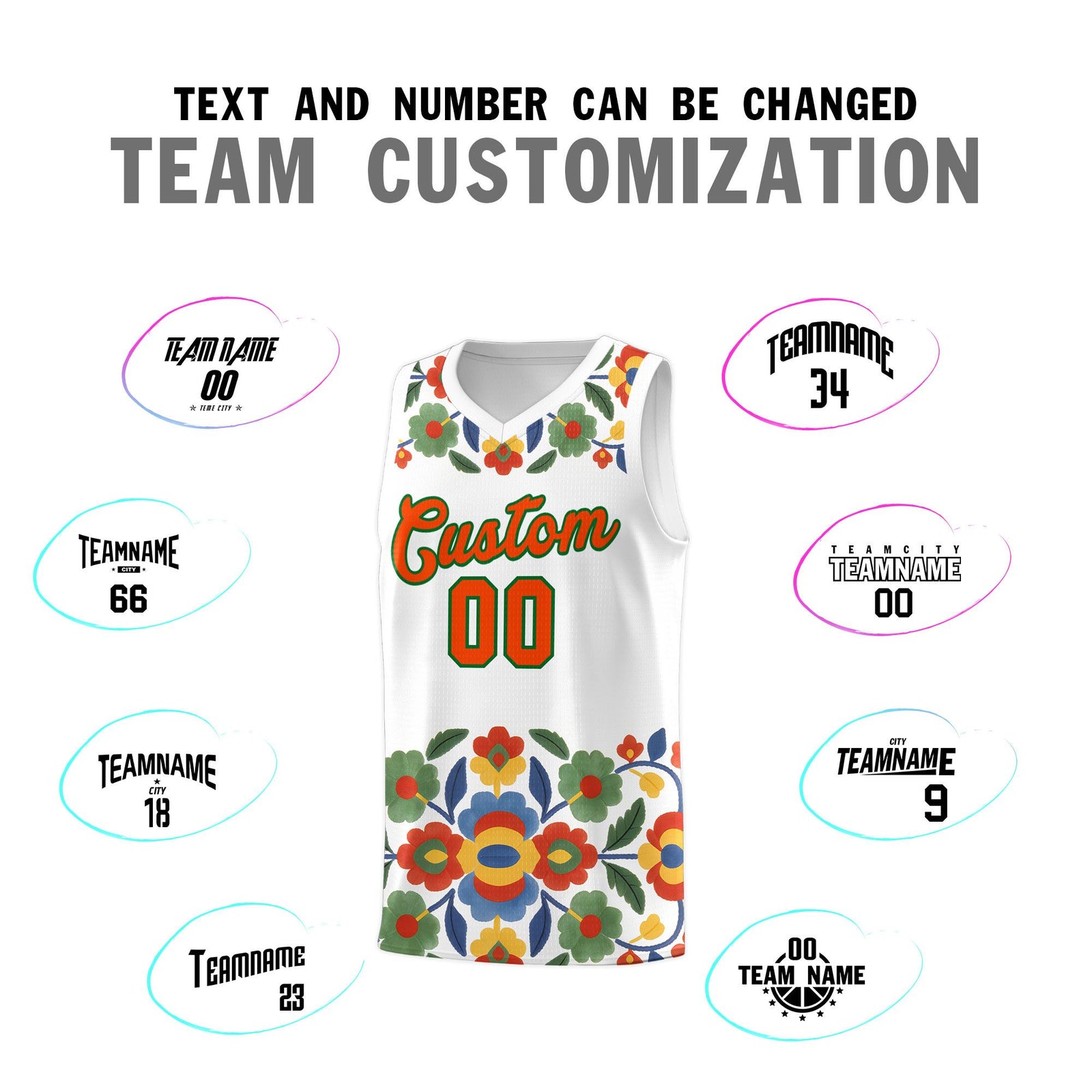 Custom White Orange Mexican Colors Graffiti Patterns Lightweight Uniform Basketball Jersey