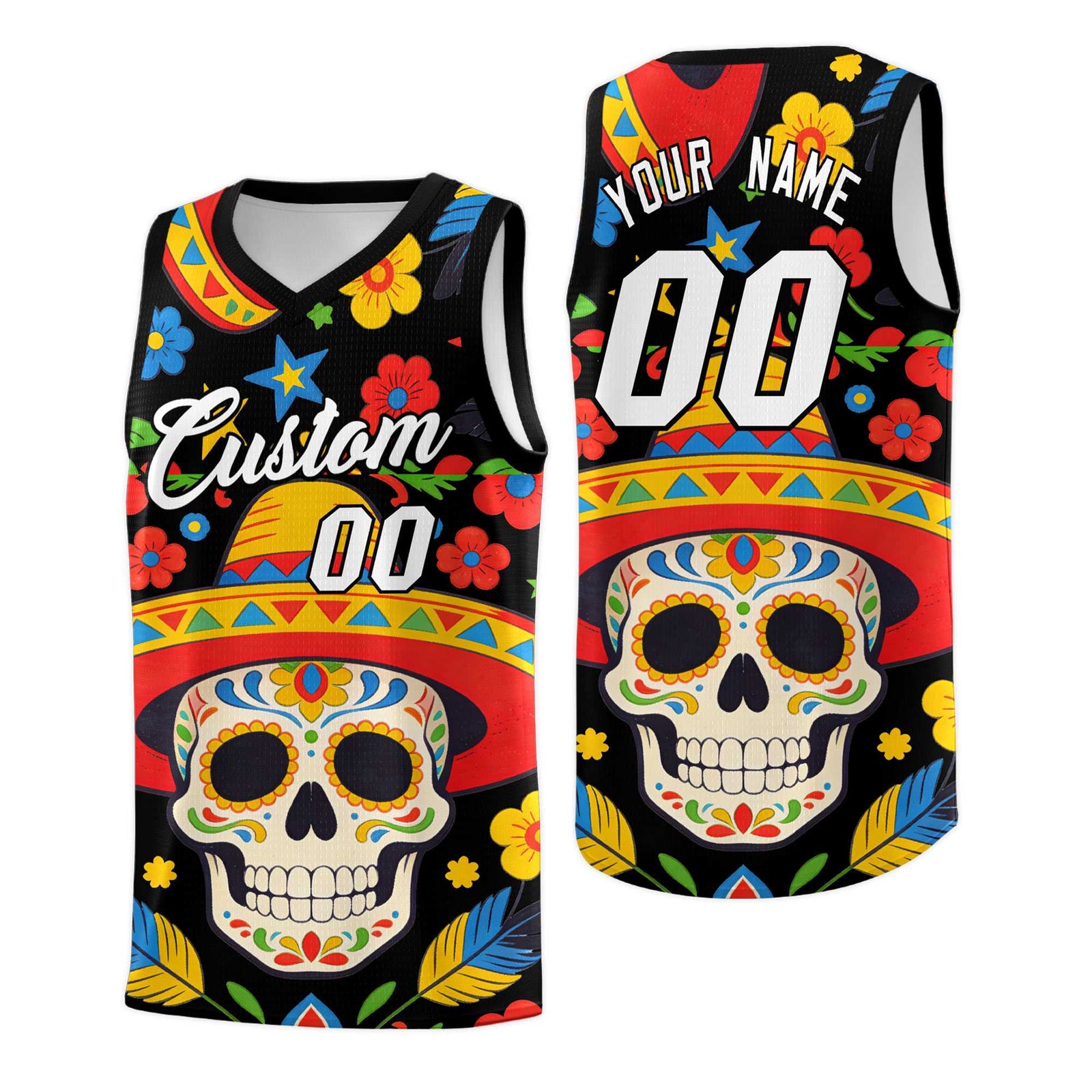 Custom Black Skeleton Mexican Colors Graffiti Patterns Breathable Uniform Basketball Jersey