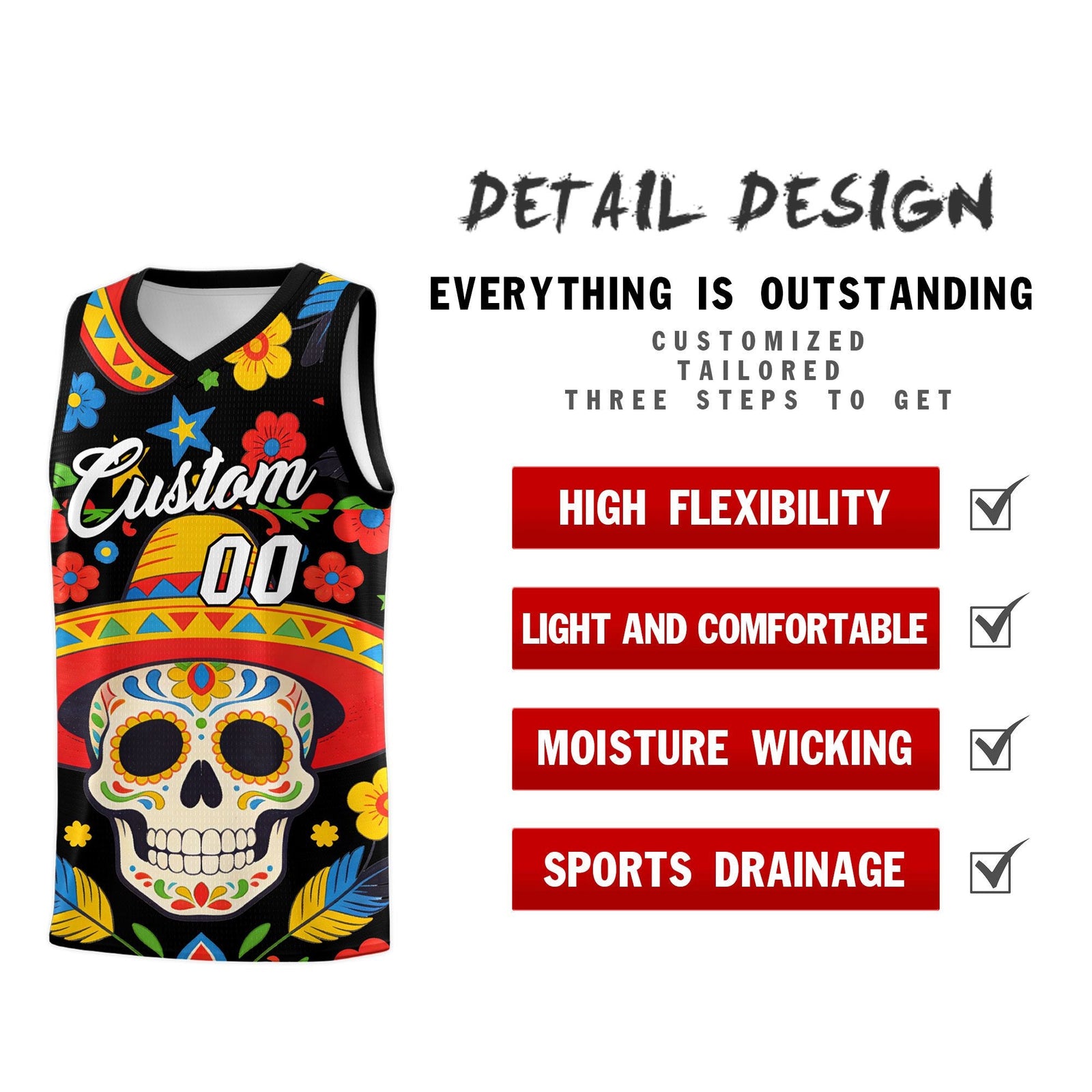 Custom Black Skeleton Mexican Colors Graffiti Patterns Breathable Uniform Basketball Jersey